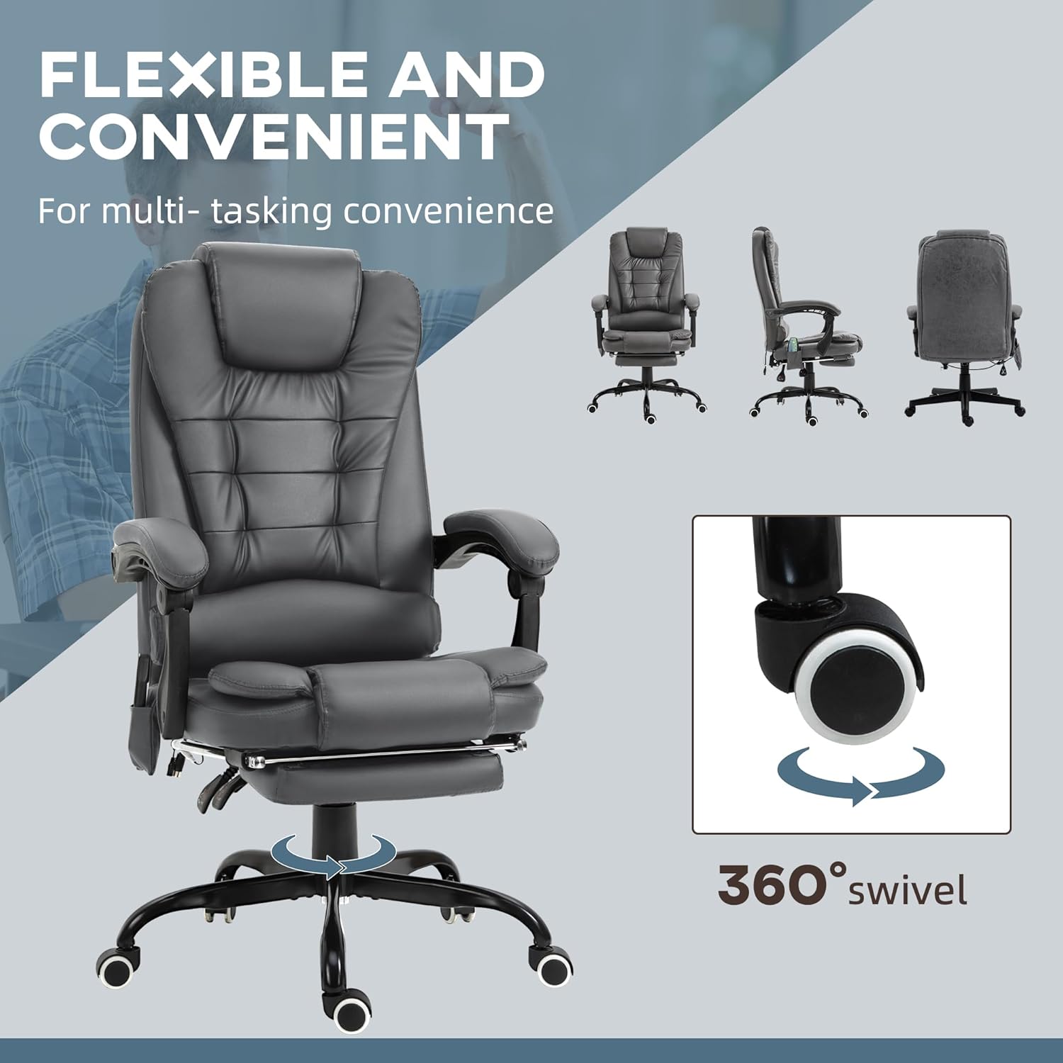 Vinsetto Silla de oficina de masaje vibratorio de 7 puntos, reclinable ejecutivo de respaldo alto con soporte lumbar, reposapiés, respaldo