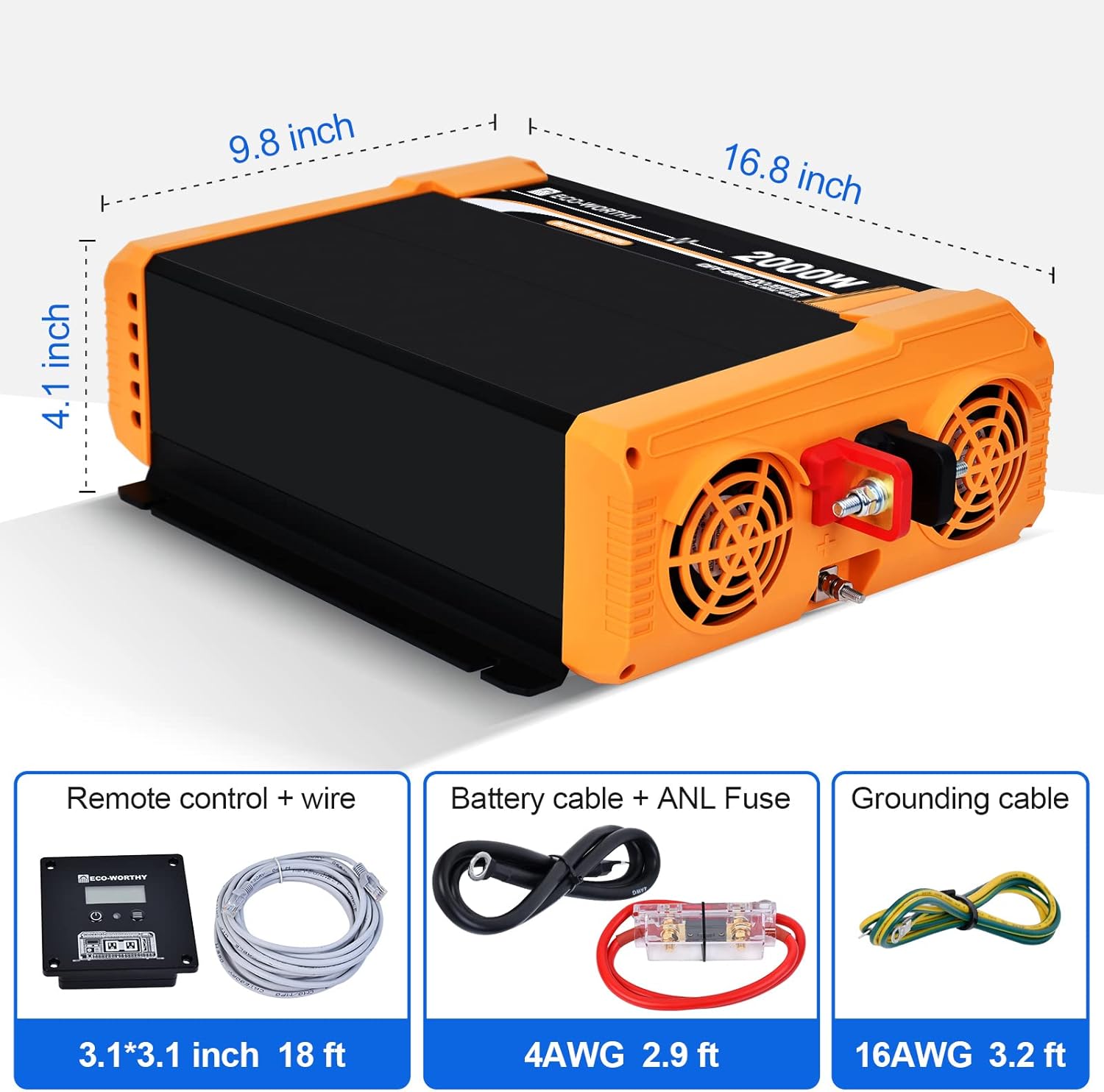 ECO-WORTHY Inversor solar de onda sinusoidal pura de 2000 W, convertidor de 12 V CC a 120 V CA para el hogar, caravana, camioneta. Puerto USB dual