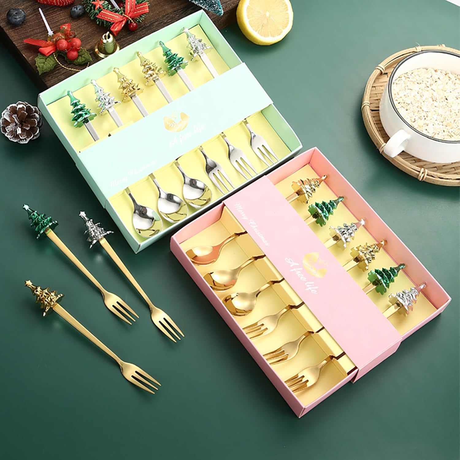 Juego de 6 cucharas de Navidad y tenedores con árbol de Navidad creativo, cucharas de acero inoxidable para café, postre, té, sopa, cucharas para