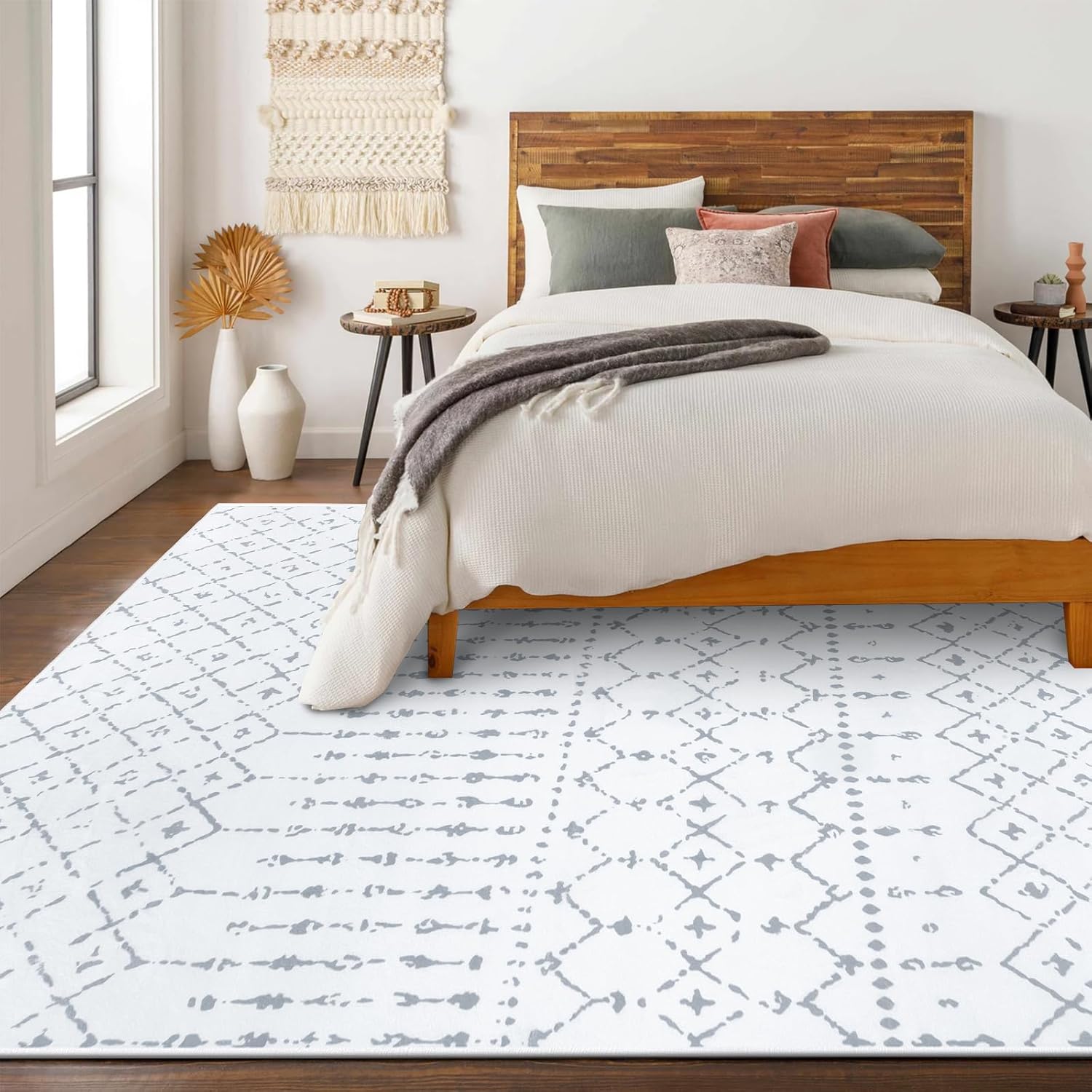 LIVEBOX Alfombra bohemia lavable de 8 x 10 pies para sala de estar, alfombra marroquí antideslizante blanca y gris para dormitorio, alfombra de pelo