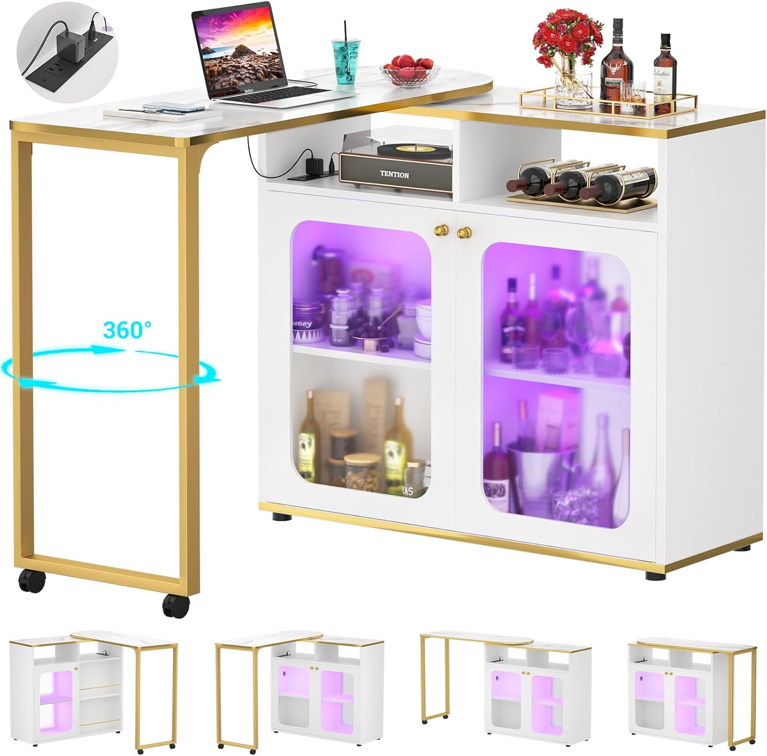 Cyclysio Armario giratorio de 360, barra casera de 59 pulgadas con luz LED y estación de carga, gabinete de vino plegable de doble cara con