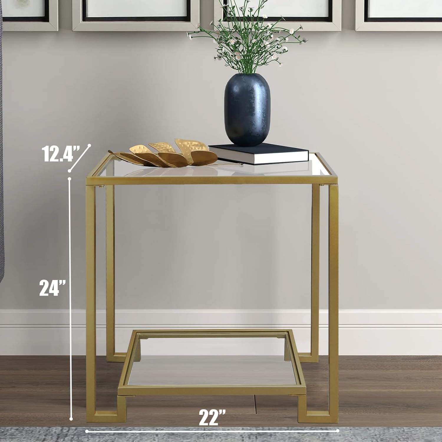 Mesa auxiliar rectangular de 2 niveles, mesa auxiliar dorada con parte superior de cristal, mesa de centro moderna de metal transparente, mesa