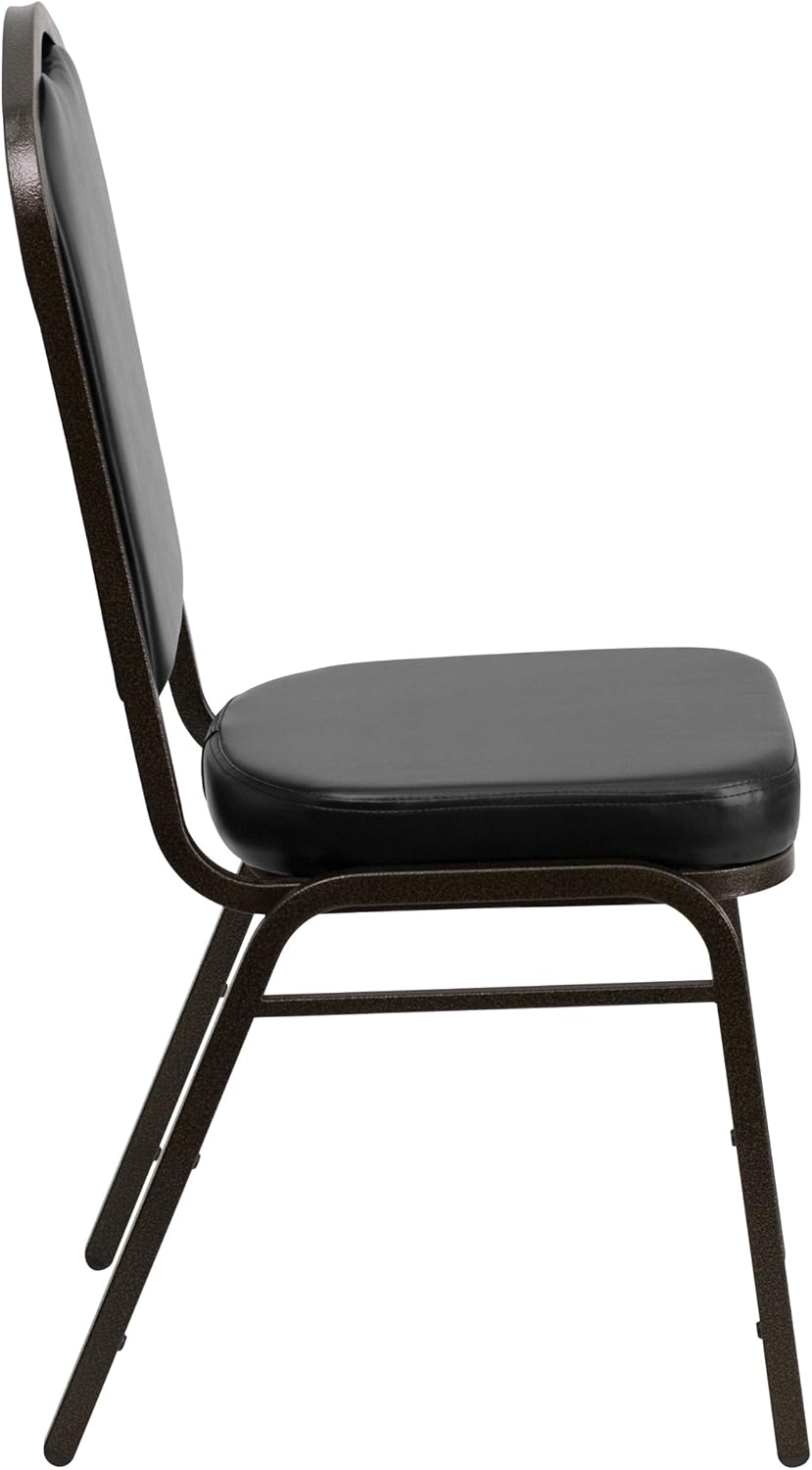 BizChair Silla de banquete apilable con respaldo de corona en vinilo negro – Marco de vena dorada