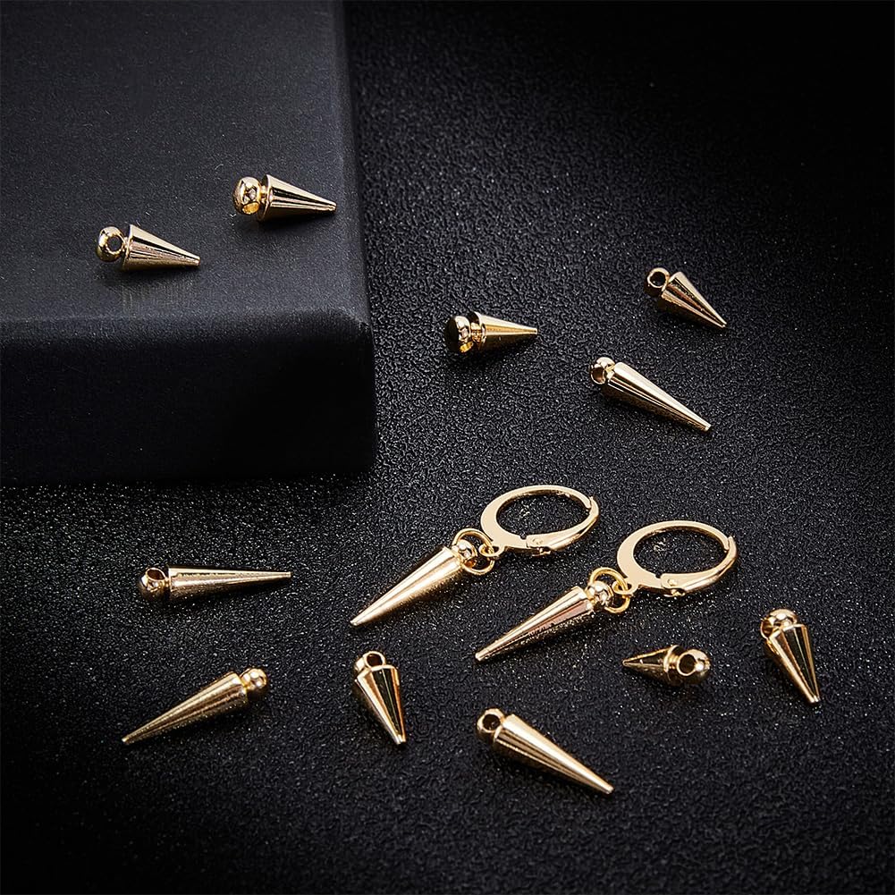 UNICRAFTALE 24 dijes de cono de latón dorado claro, hipoalergénicos, estilo punk, dijes colgantes para manualidades, collares, aretes, pulseras,