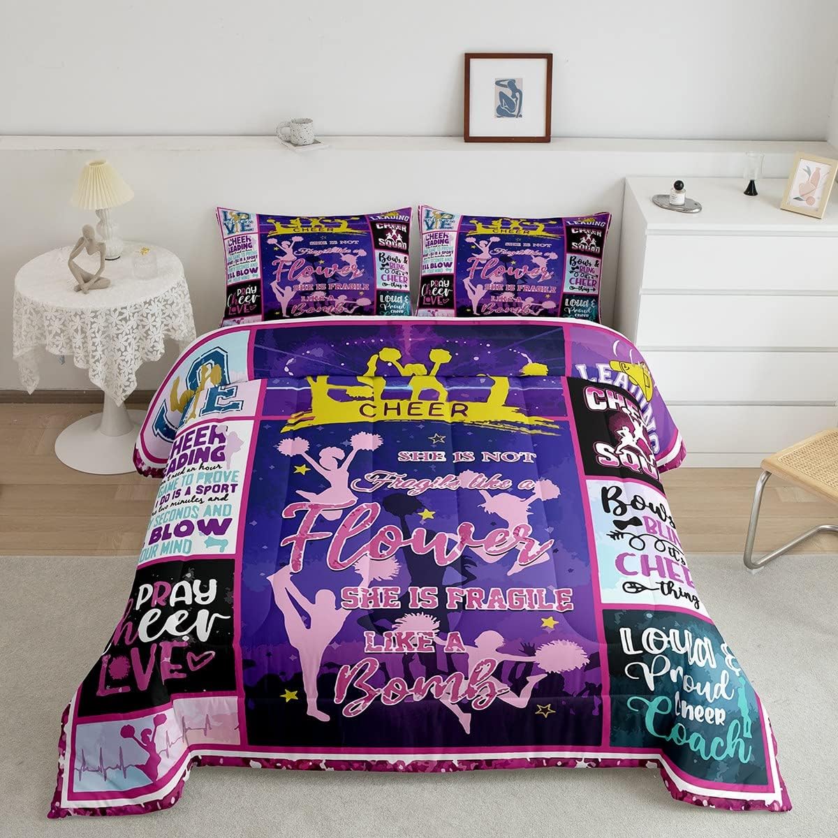 Feelyou Juego de edredón de regalo de animadora, juego de ropa de cama para niñas, adolescentes, regalos de equipo de animadoras, juego de edredón