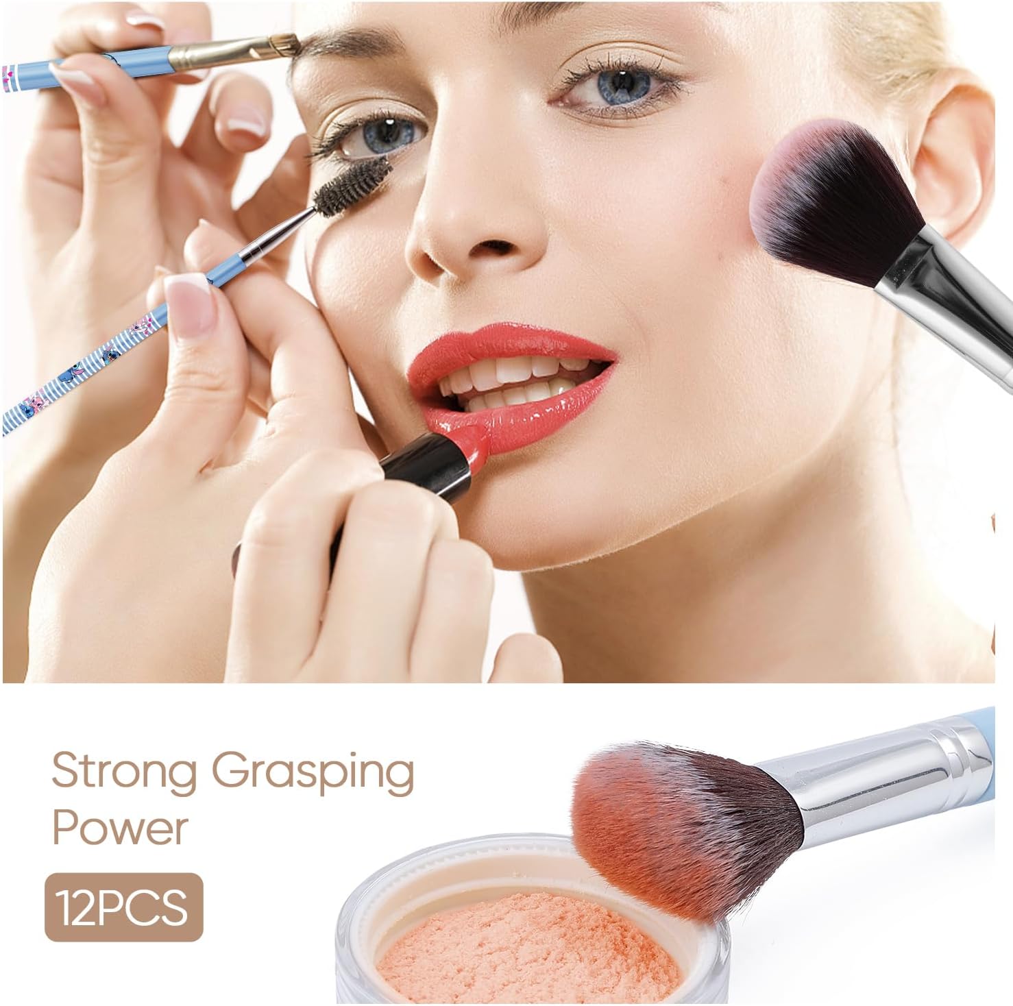 Bolsa de maquillaje de puntada con brocha de maquillaje, estuche de cosméticos de felpa para puntadas, 12 piezas, bolsa de capacidad para brochas de