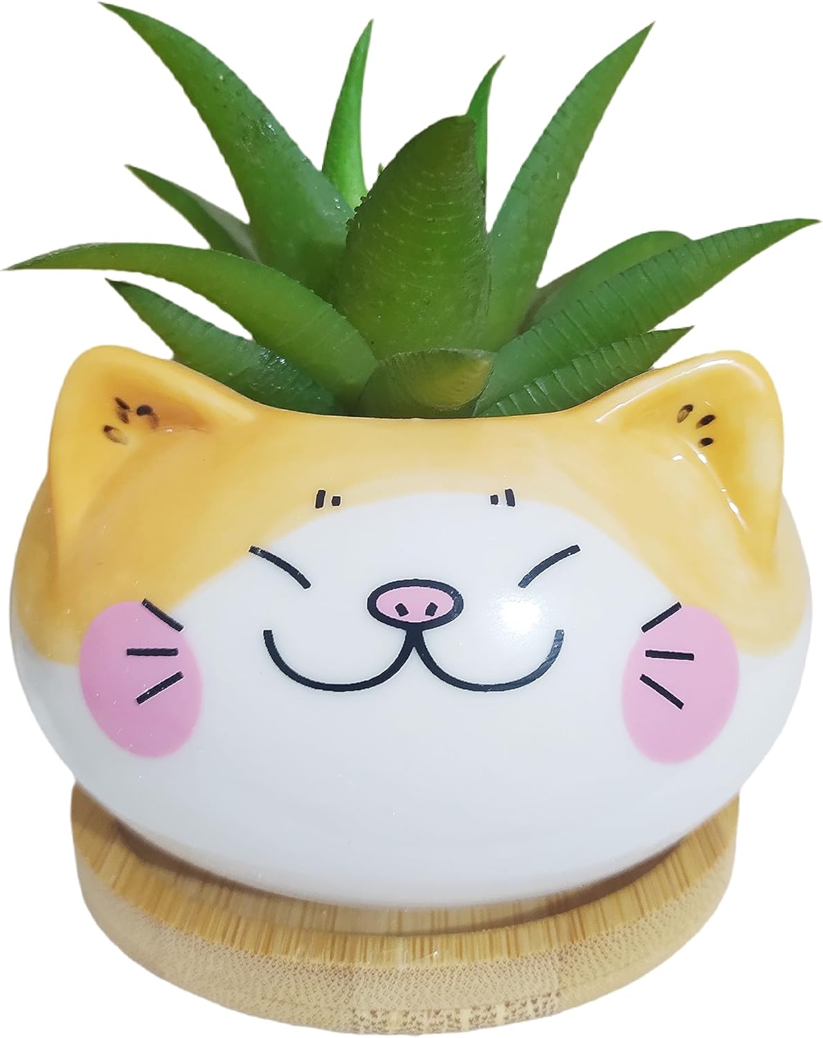 Juego de 6 macetas de cerámica para interiores de 3.5 pulgadas con forma de gato de dibujos animados con bandeja de bambú (planta no incluida)