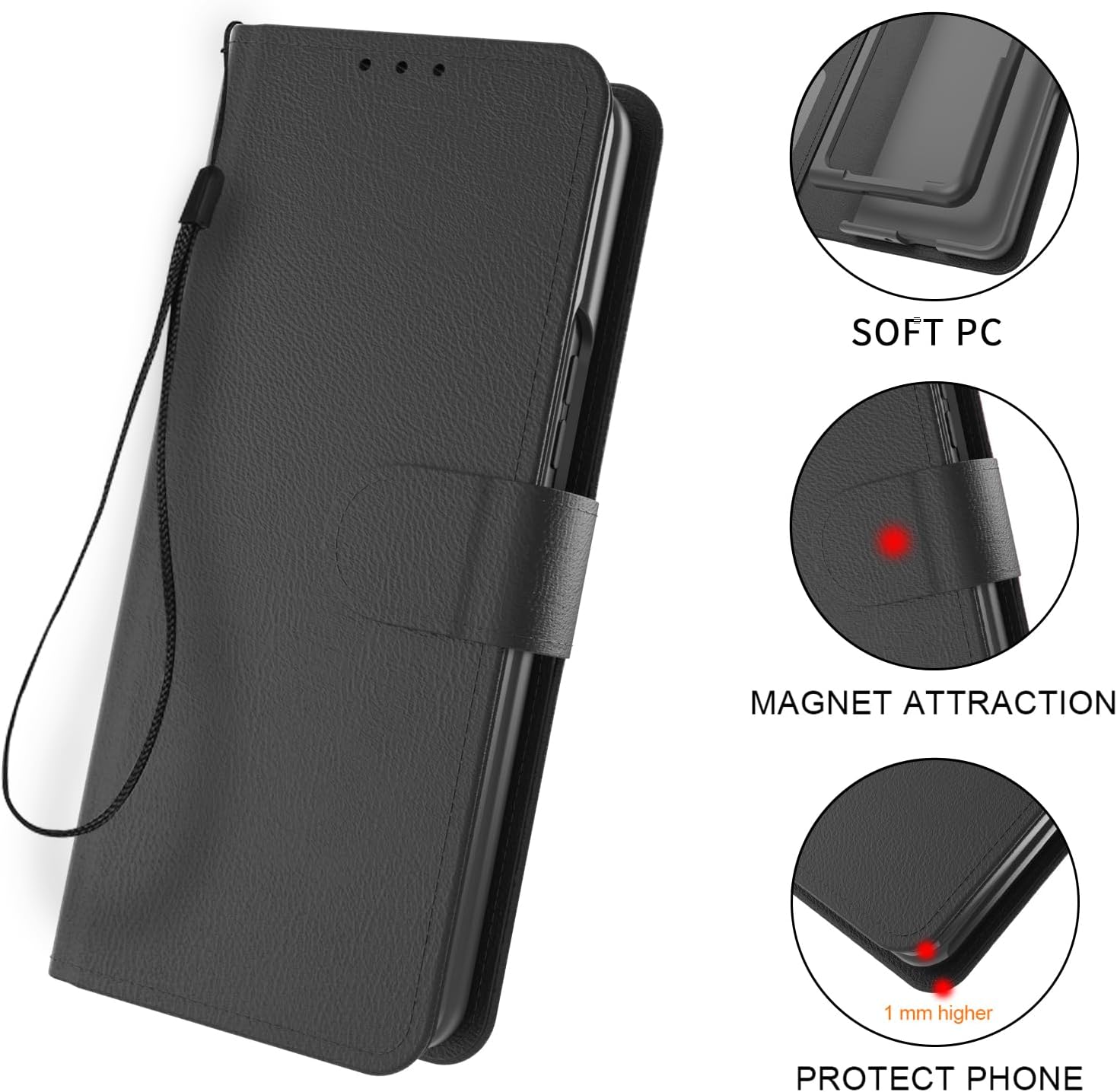 EnCases Funda para Samsung Galaxy Z Fold 5, cartera con correa de mano, piel sintética, 3 ranuras para tarjetas, color negro