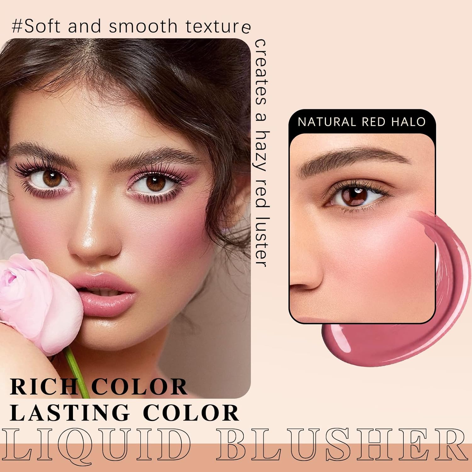Rubor líquido de belleza varita Hazy acabado mate, colorete facial crema natural, lápiz de rubor rojo con aplicador de cojín, tinte suave para