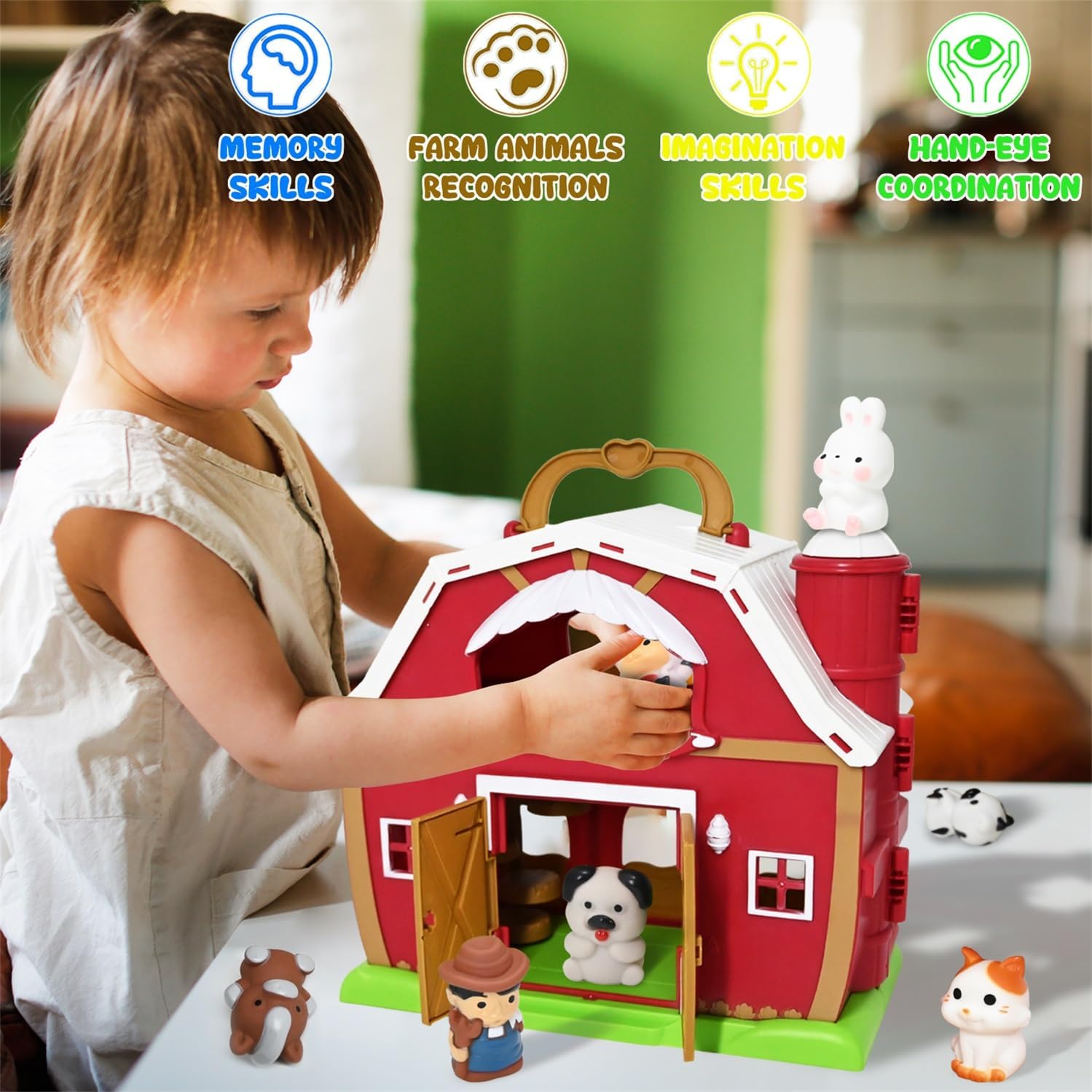 WODMAZ Juguetes grandes de granero rojo para niños y niñas de 1, 2 y 3 años, juguete de aprendizaje Montessori preescolar, juego de granja con