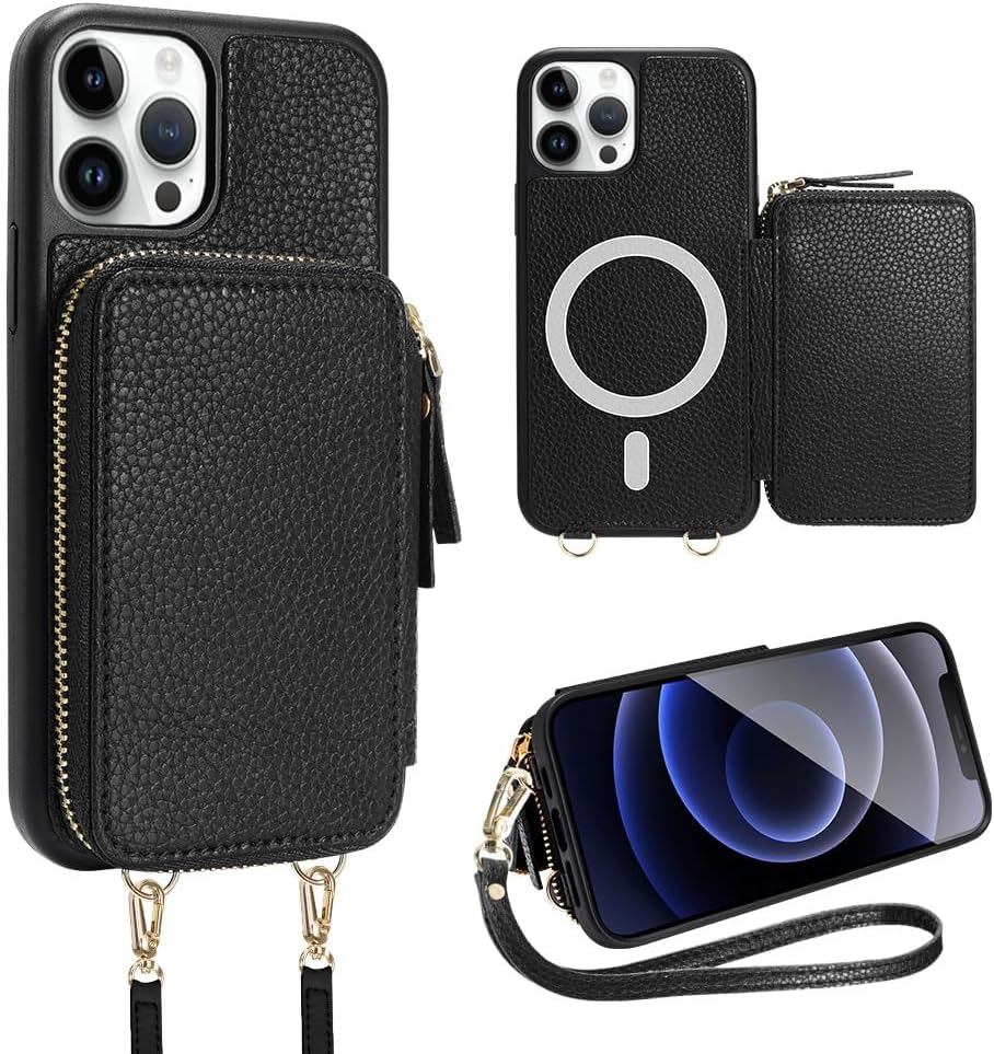 ZVE Magsafe – Funda tipo cartera para iPhone 15 Pro, funda magnética cruzada para teléfono con correa para la muñeca para mujer, funda de piel con