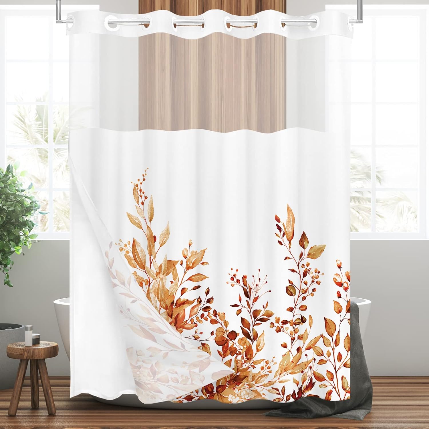 Tititex Juego de cortinas de ducha sin ganchos con forro de hojas de eucalipto naranja, doble capa de lujo, tela impermeable y transparente para