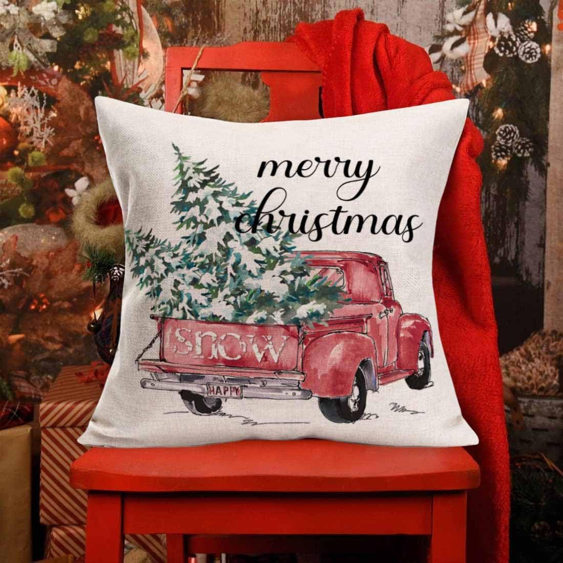 MEHOTOP Funda de almohada decorativa de Navidad de 16 x 16 pulgadas, tamaño estándar, camión de nieve rojo, árbol de Navidad, fundas de almohada con