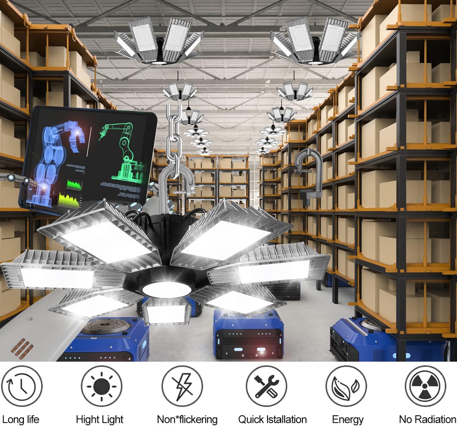 Luces LED de alta bahía, 250 W, 30000 lúmenes, 6500 K, luz diurna, paquete de 2 con 7 paneles deformables, luz LED de alta bahía para tienda de