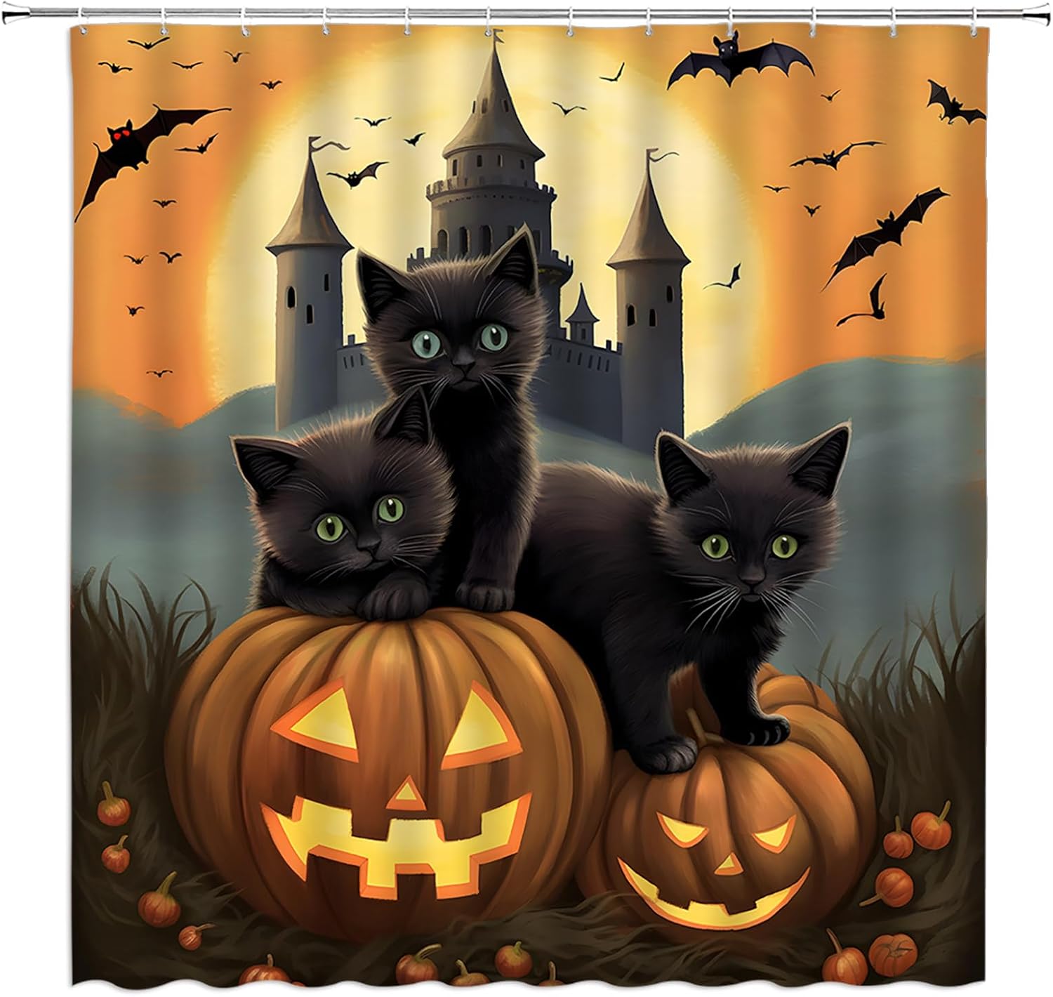 Cortina de ducha espeluznante de Halloween, gato negro, naranja, calabaza, farol, murciélago, luna llena, castillo gótico, vintage, Halloween,