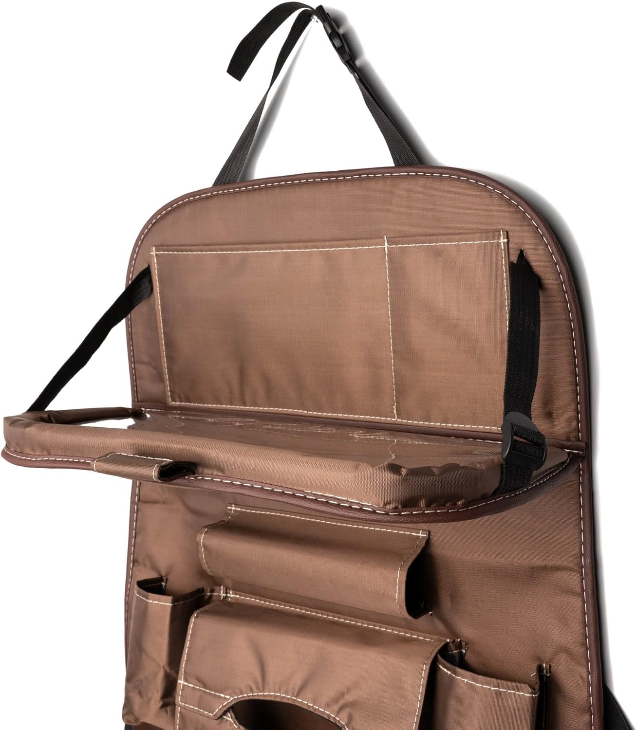 Organizador de asiento de automóvil resistente con bandeja de mesa plegable, soporte para tableta, 9 bolsillos de almacenamiento, protectores de
