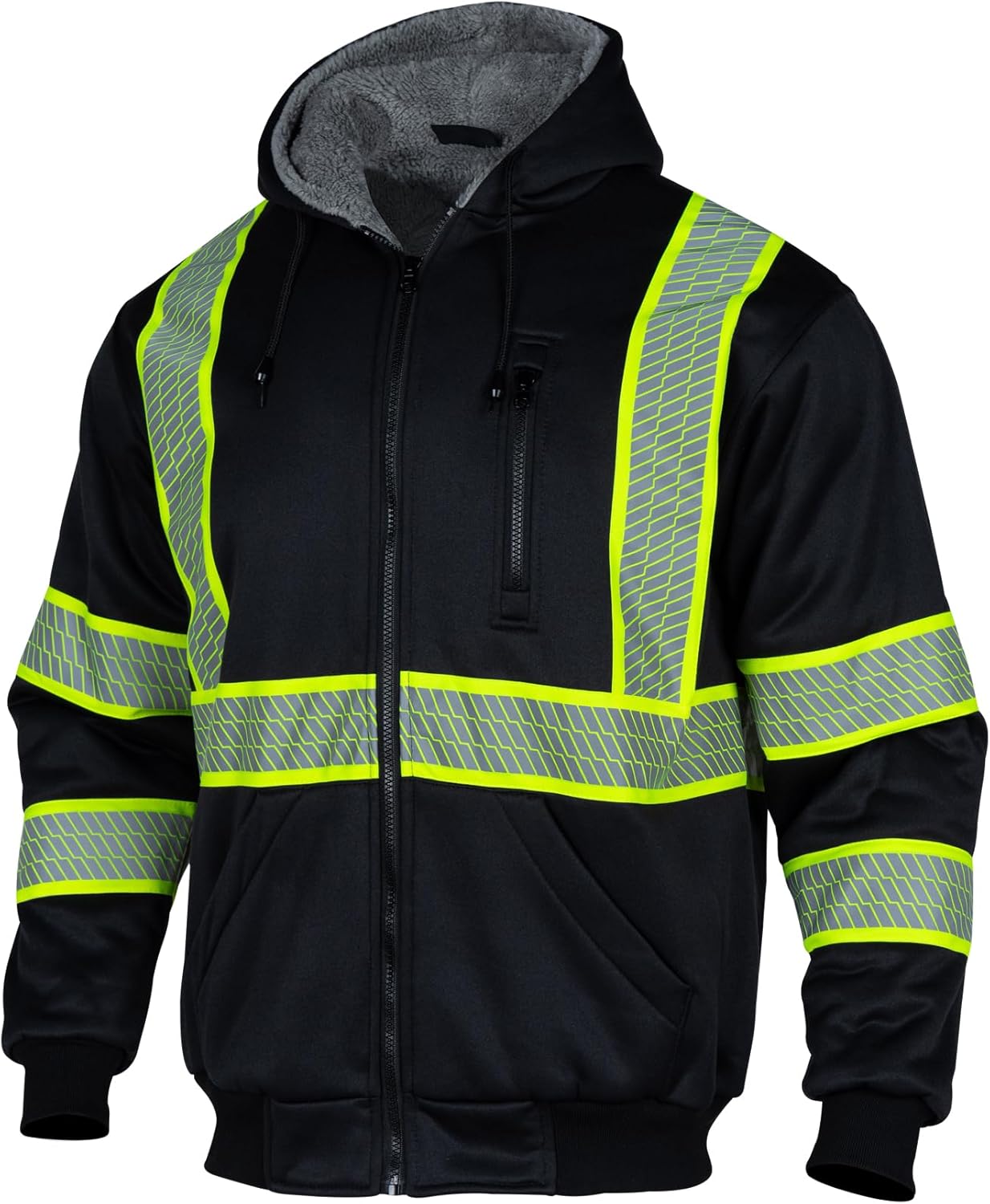 Sudadera reflectante de seguridad ANSI Clase 3 para hombre, de lana y forro polar, con cremallera y parte inferior negra (negro, XL)