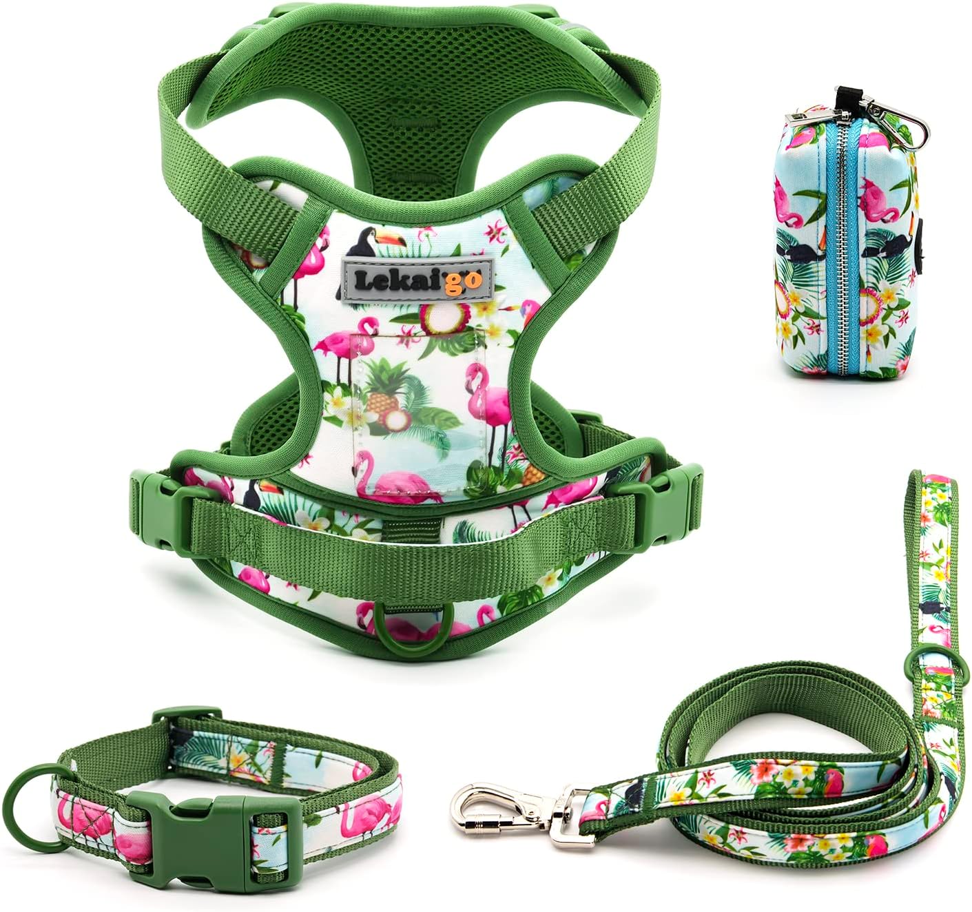 Juego de arnés para perro, collar de correa de 5 pies, arnés reflectante ajustable sin tirones con bloqueo de seguridad, asa de fácil control, para