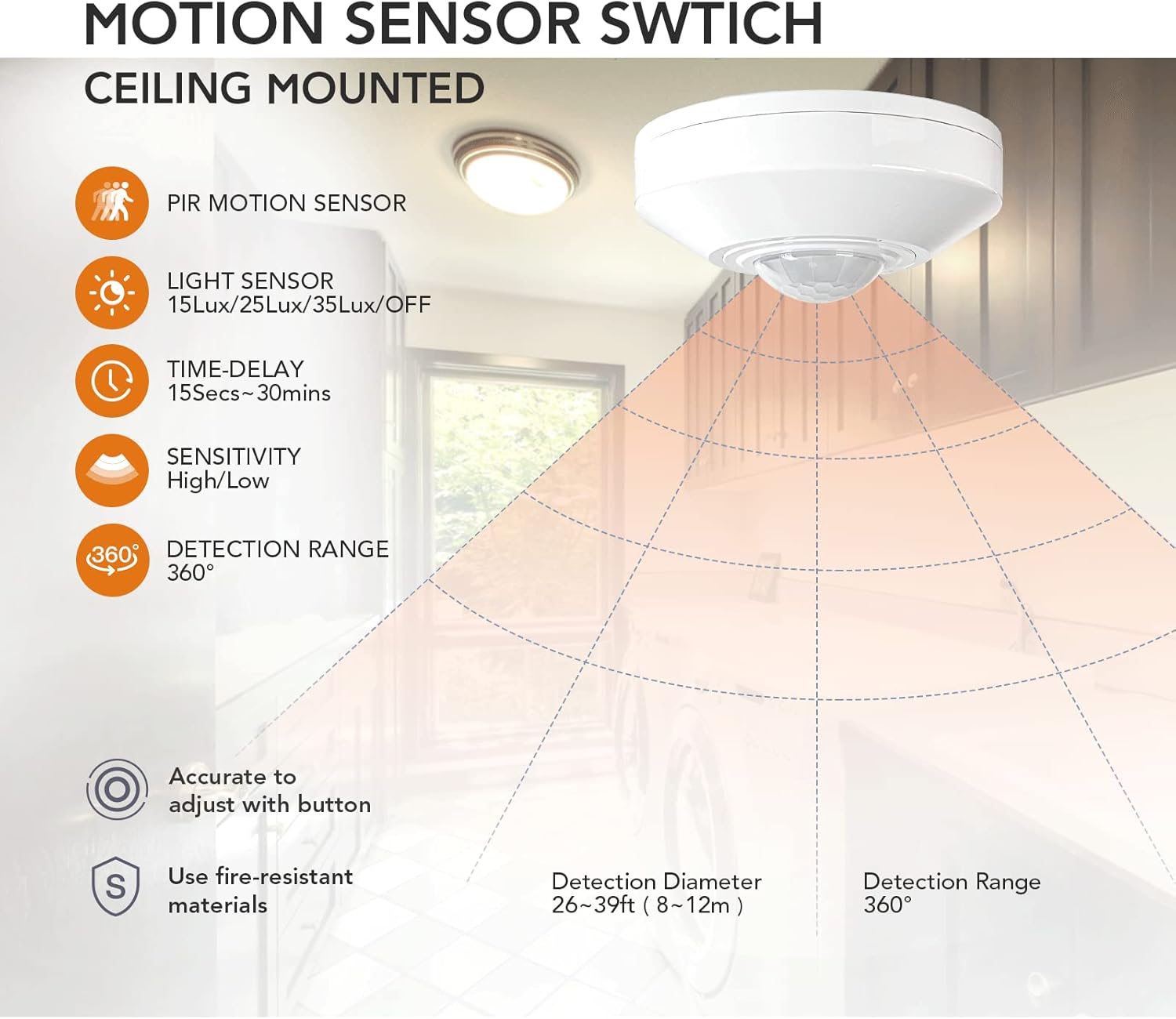 DC 1224V 10A Sensor de techo de bajo voltaje Detector de movimiento de ocupación Pir, Sensor de movimiento 360,Interruptor de sensor de movimiento