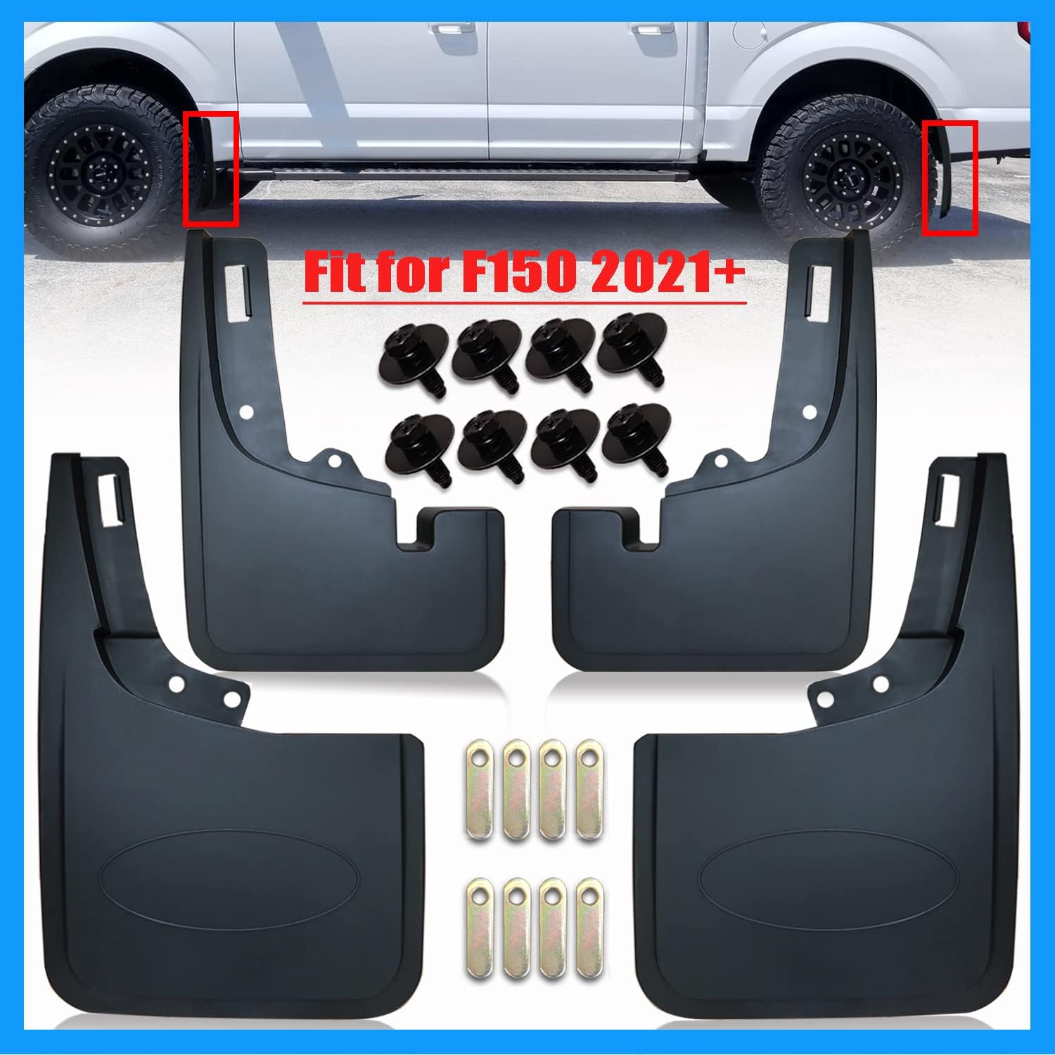 Aletas de barro para F150 2021 2022 2023 2024  No hay necesidad de taladrar agujeros, moldura de labio de rueda delantera y trasera protector contra
