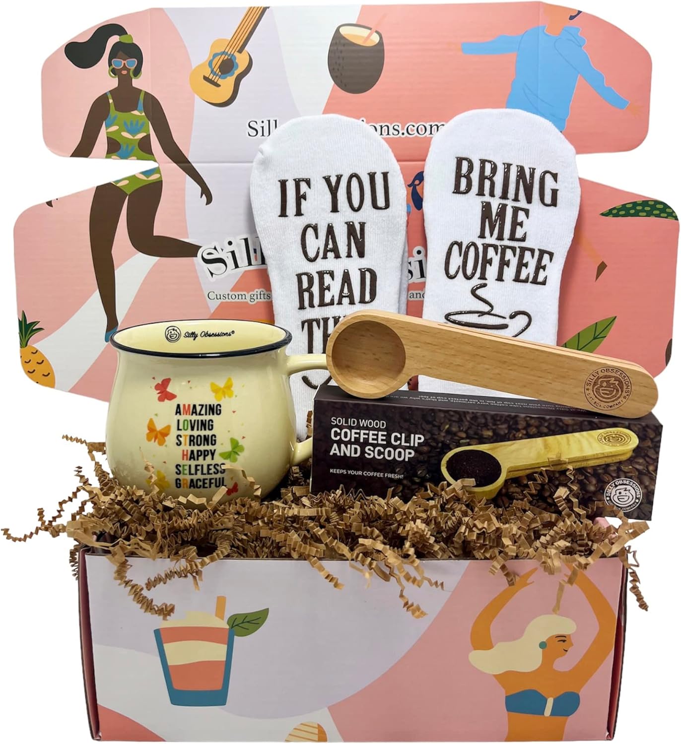 Cesta de regalo para amantes del café para mamá, juego de regalo de accesorios de café, artículos divertidos y únicos con temática de café para