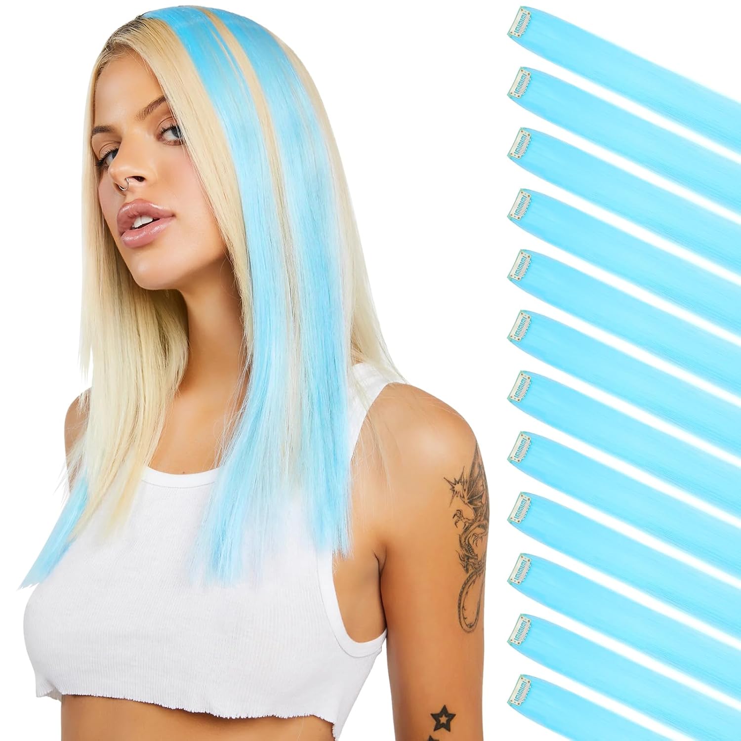 Felendy Extensiones de cabello de colores, 12 piezas de extensiones de cabello azul con clip, extensiones de cabello lacio coloridas, disfraces de