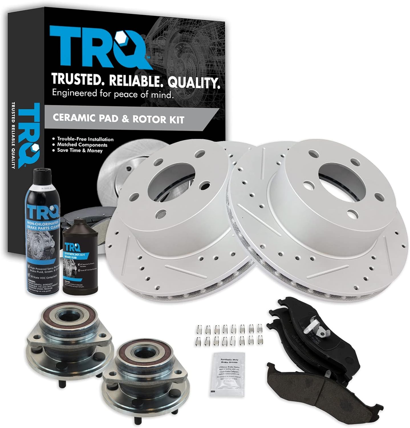 TRQ Buje de rueda Pastilla de freno de cerámica Performance Rotor Kit Delantero wProductos Químicos
