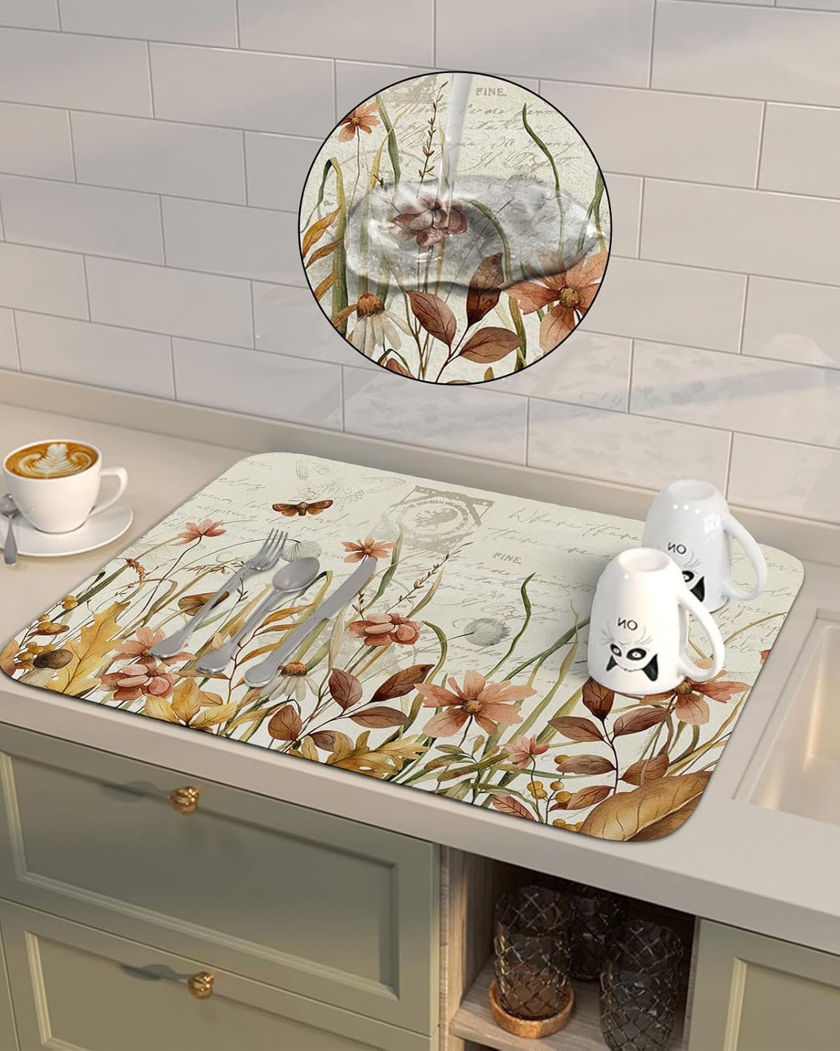 Tapete de secado de platos botánico de otoño para encimera de cocina, súper absorbente, de secado rápido, tapete delgado para fregadero de
