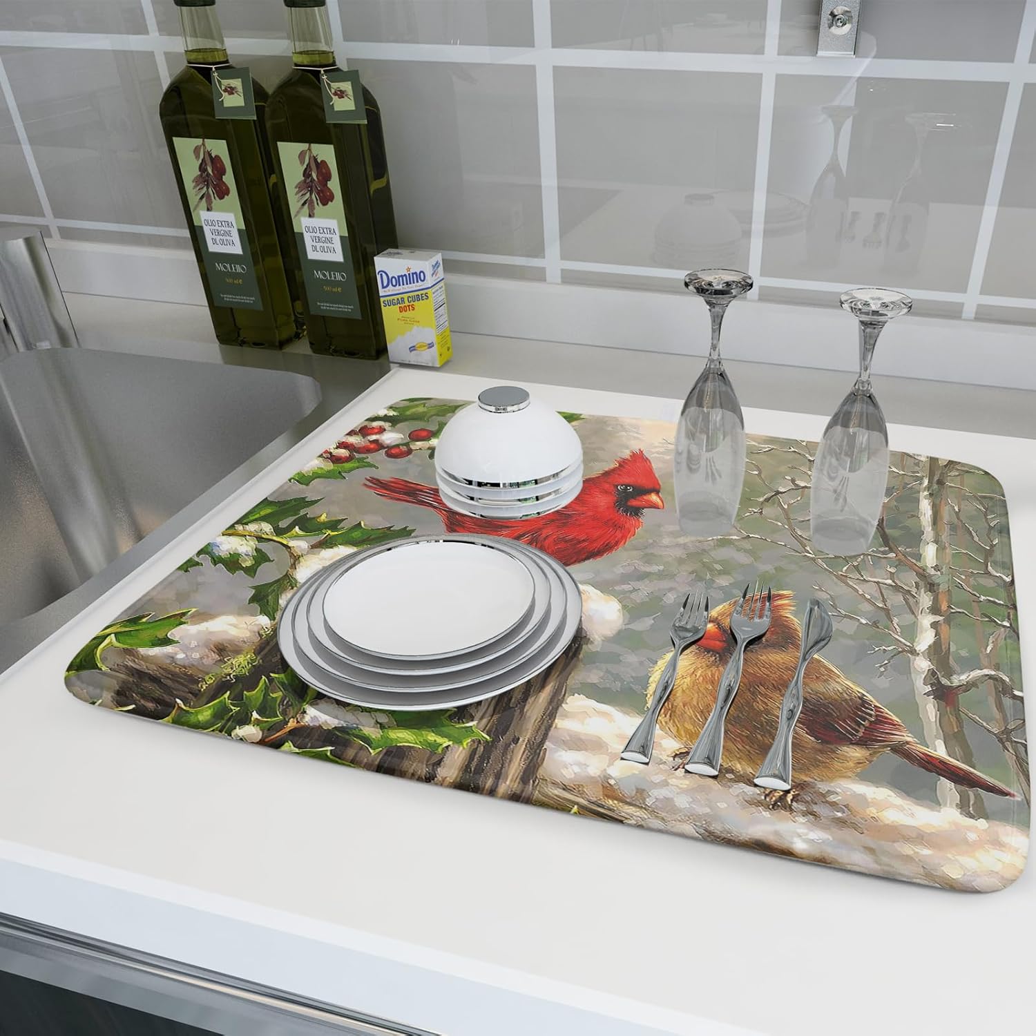 Winter Cardinals – Tapete de secado de platos para encimera de cocina, tapete de secado de platos de microfibra Merry Christmas de 18 x 24 pulgadas,