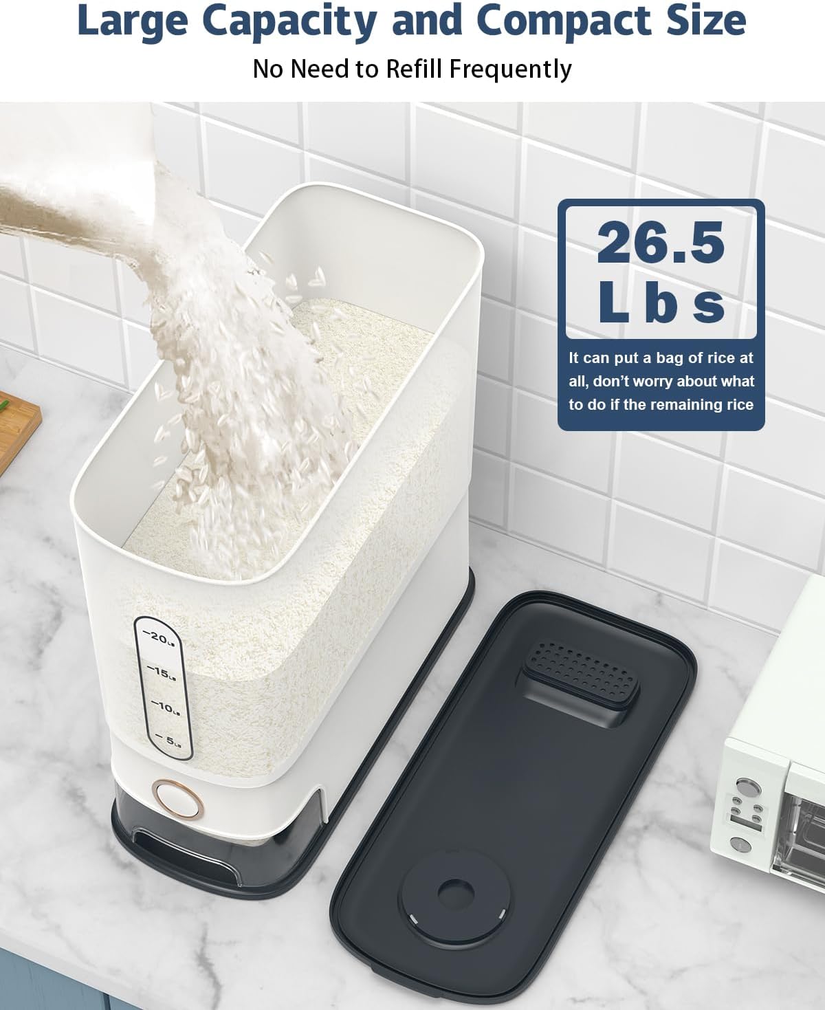 Lenwi Dispensador de arroz de 26.5 libras, recipiente grande de arroz con taza medidora de báscula, contenedor de almacenamiento de arroz doméstico