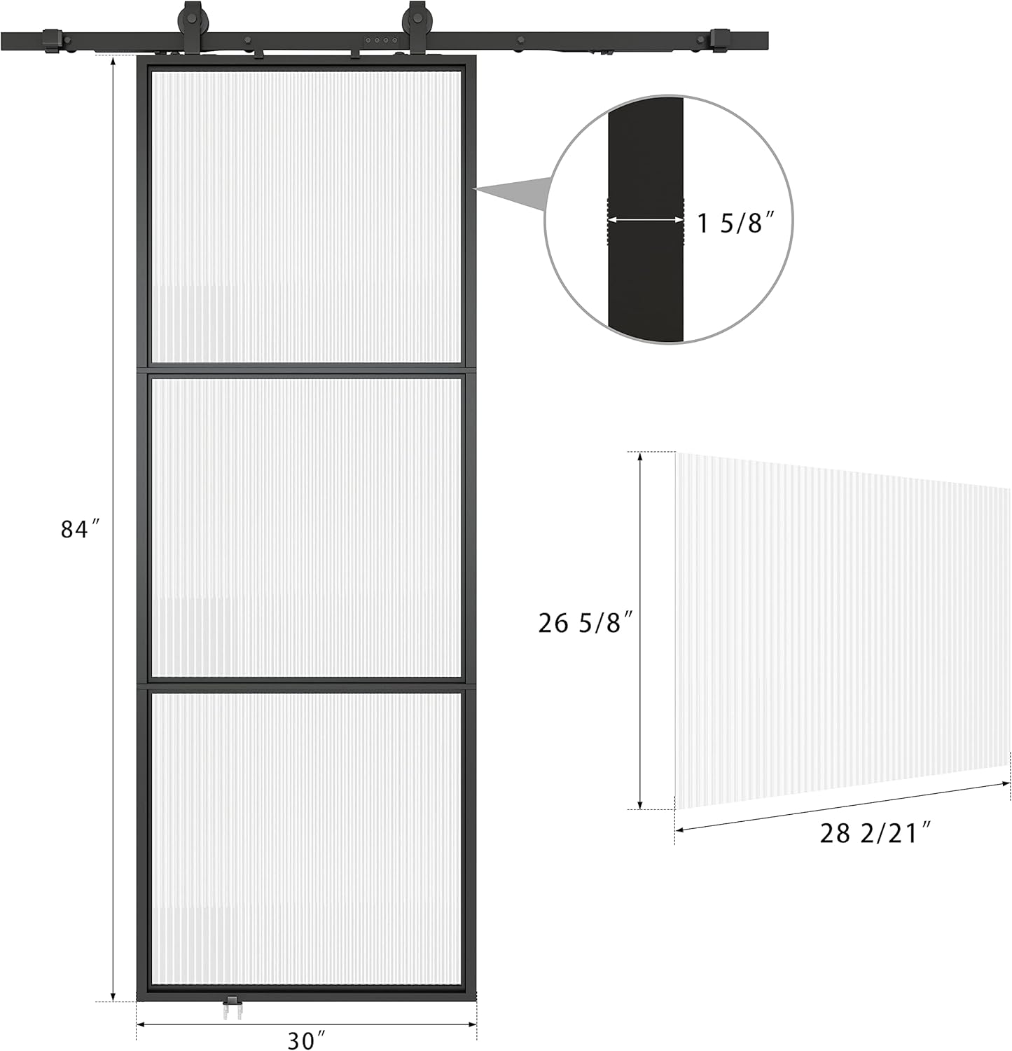 JUBEST Puerta de granero de vidrio de 30 x 84 pulgadas, marco de acero al carbono preperforado, panel de puerta corrediza de granero con kit de