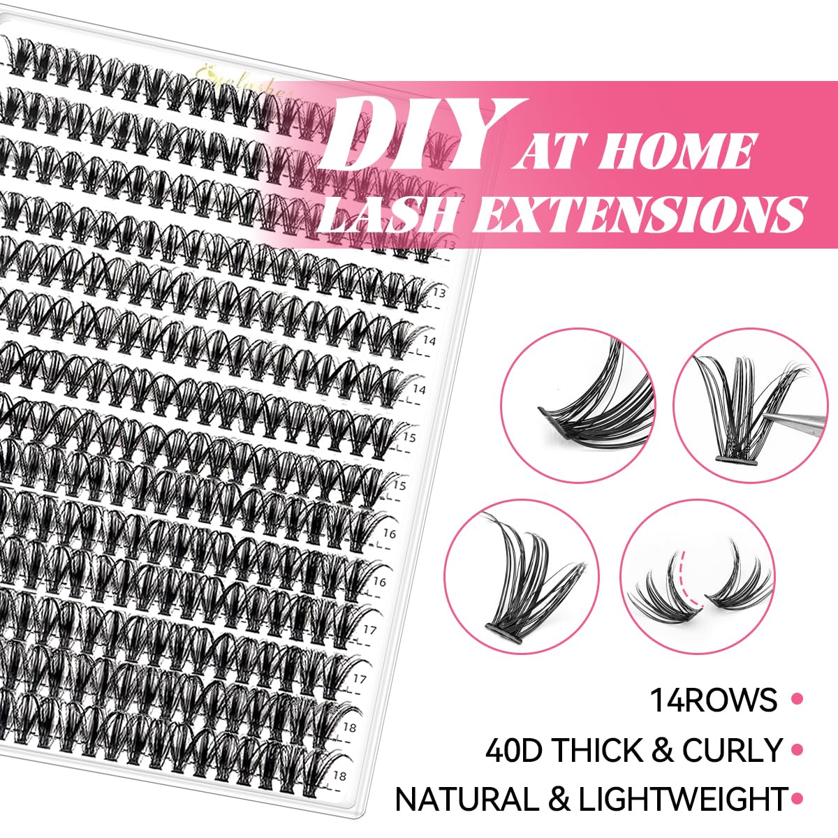 Kit de extensiones de pestañas individuales (280 unidades, mezcla 40D de 0.47 a 0.70 pulgadas) con unión de pestañas y sello USB, ventilador de