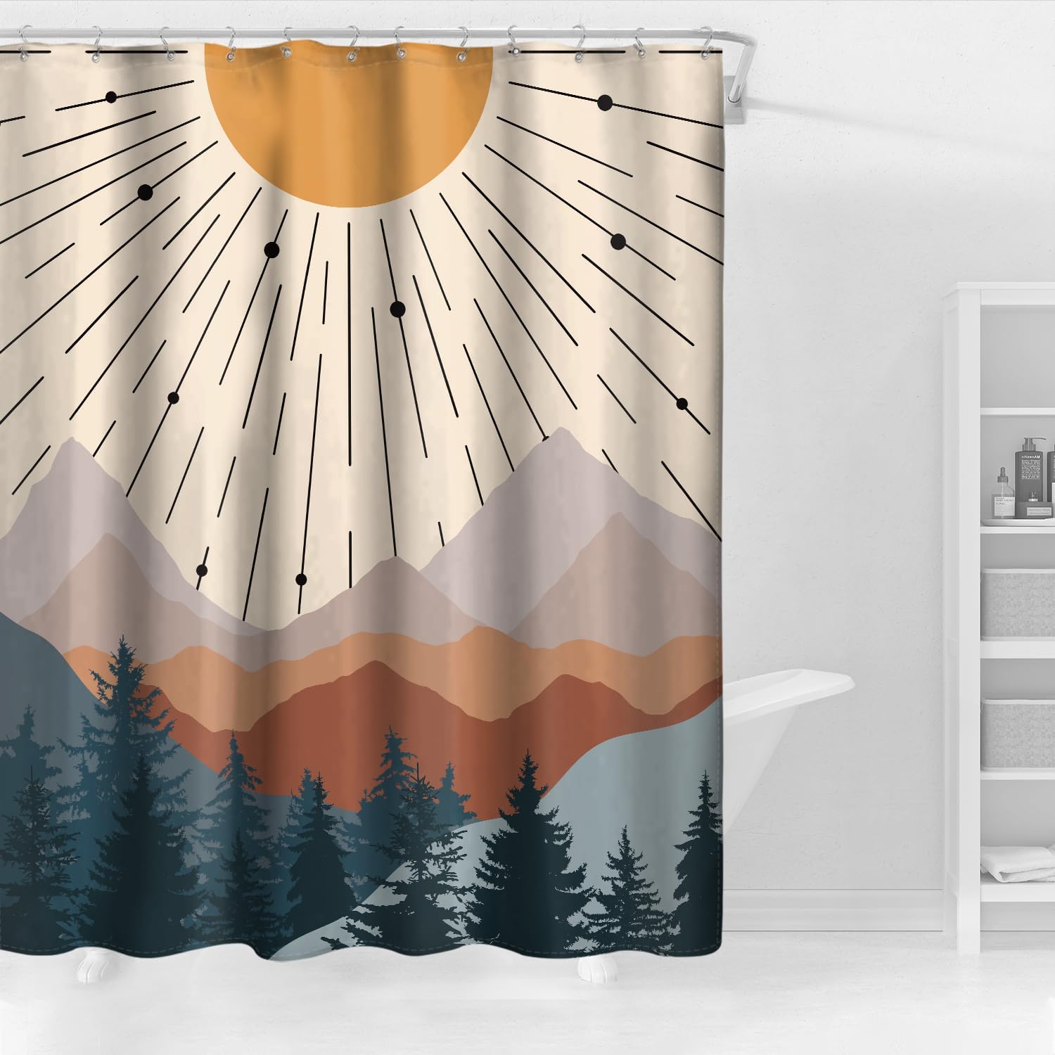 Ufeela Cortina de ducha de mediados de siglo, 60 pulgadas de ancho x 72 pulgadas de alto, abstracto, bohemio, moderno, minimalista, puesta de sol