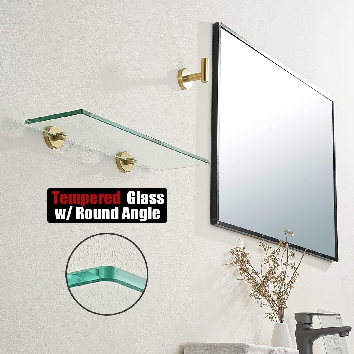 JQK Estante de vidrio para baño dorado, almacenamiento de ducha de vidrio templado de 16 x 5 pulgadas, soporte de pared dorado cepillado de acero