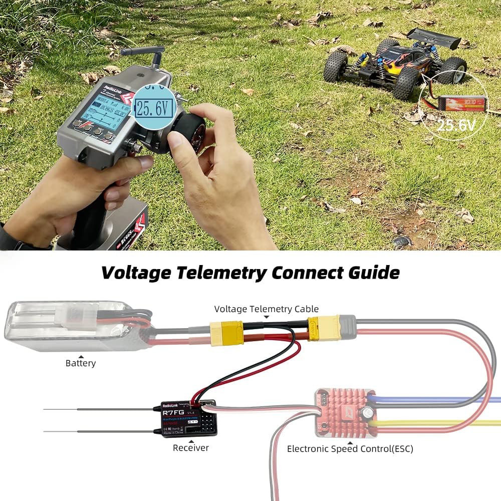 Radiolink 2.4Ghz R8FG V2.1 3ms Latencia y R7FG Receptor Giroscopio con telemetría de voltaje, RX impermeable para RC Crawler Car Boat Radio