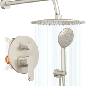 Gabrylly Sistema de ducha, juego de grifo de ducha montado en la pared con cabezal de ducha de lluvia de 12 pulgadas y ducha de mano, juego Gabrylly Sistema de ducha, juego de grifo de ducha montado en la pared con cabezal de ducha de lluvia de 12 pulgadas y ducha de mano, juego