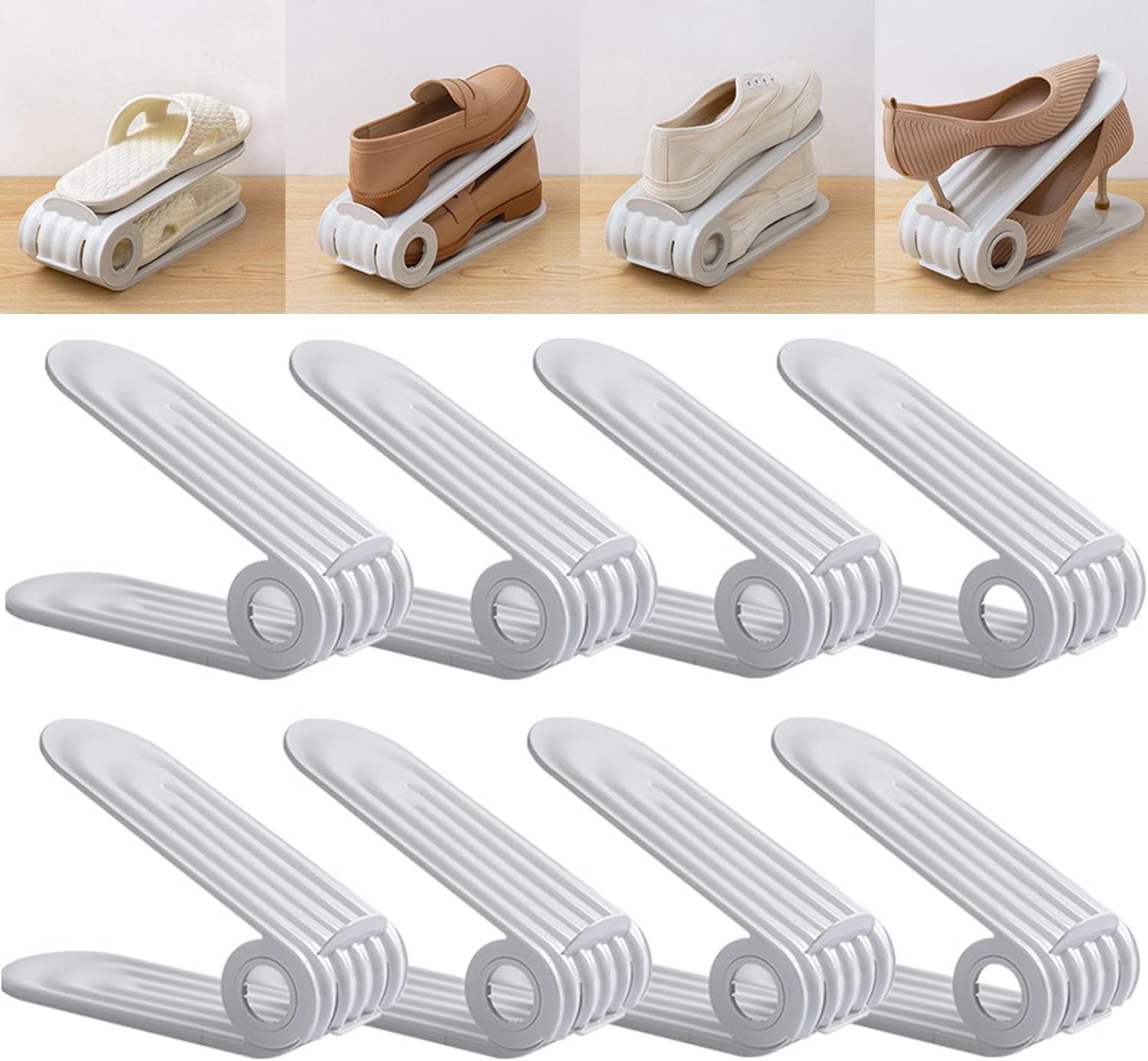 Paquete de 8 ranuras para zapatos, apilador de zapatos ajustable de doble capa, diseño de altura ajustable en cuatro posiciones, soporte apilador de