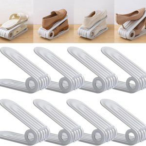 Paquete de 8 ranuras para zapatos, apilador de zapatos ajustable de doble capa, diseño de altura ajustable en cuatro posiciones, soporte apilador de Paquete de 8 ranuras para zapatos, apilador de zapatos ajustable de doble capa, diseño de altura ajustable en cuatro posiciones, soporte apilador de
