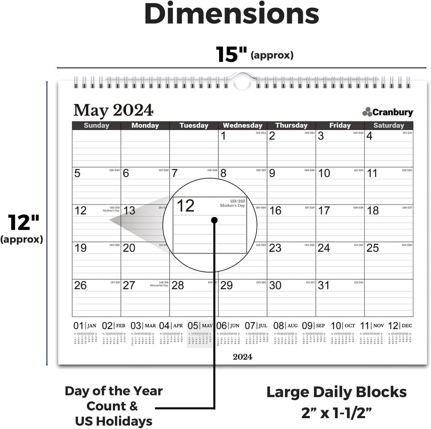 CRANBURY Calendario de pared grande 2024 (negro), 12 x 15 pulgadas, calendario de oficina, uso como calendario colgante 2024 de 12 x 15 pulgadas o