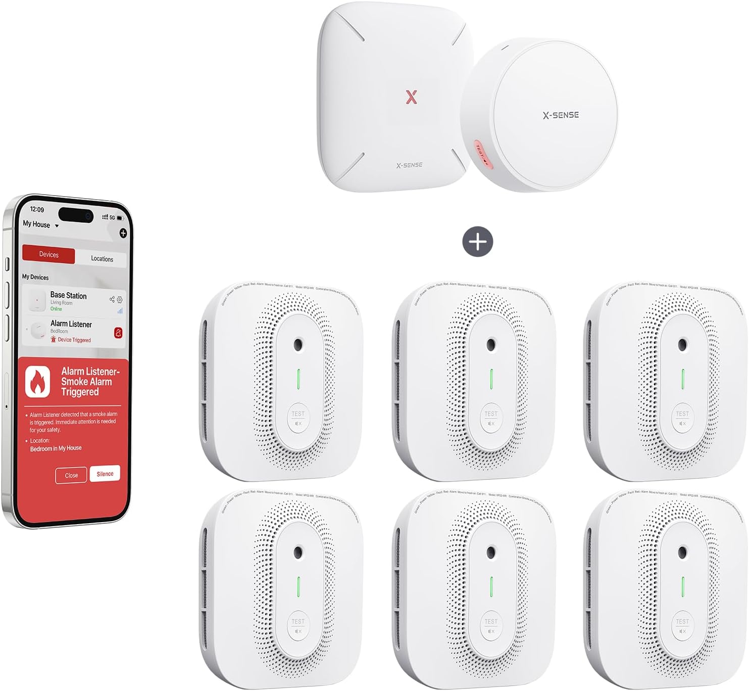 X-Sense Detector de humo y monóxido de carbono interconectado inalámbrico XP02-WR (paquete de 6) y 1 escucha SAL51 y 1 estación base SBS50 para