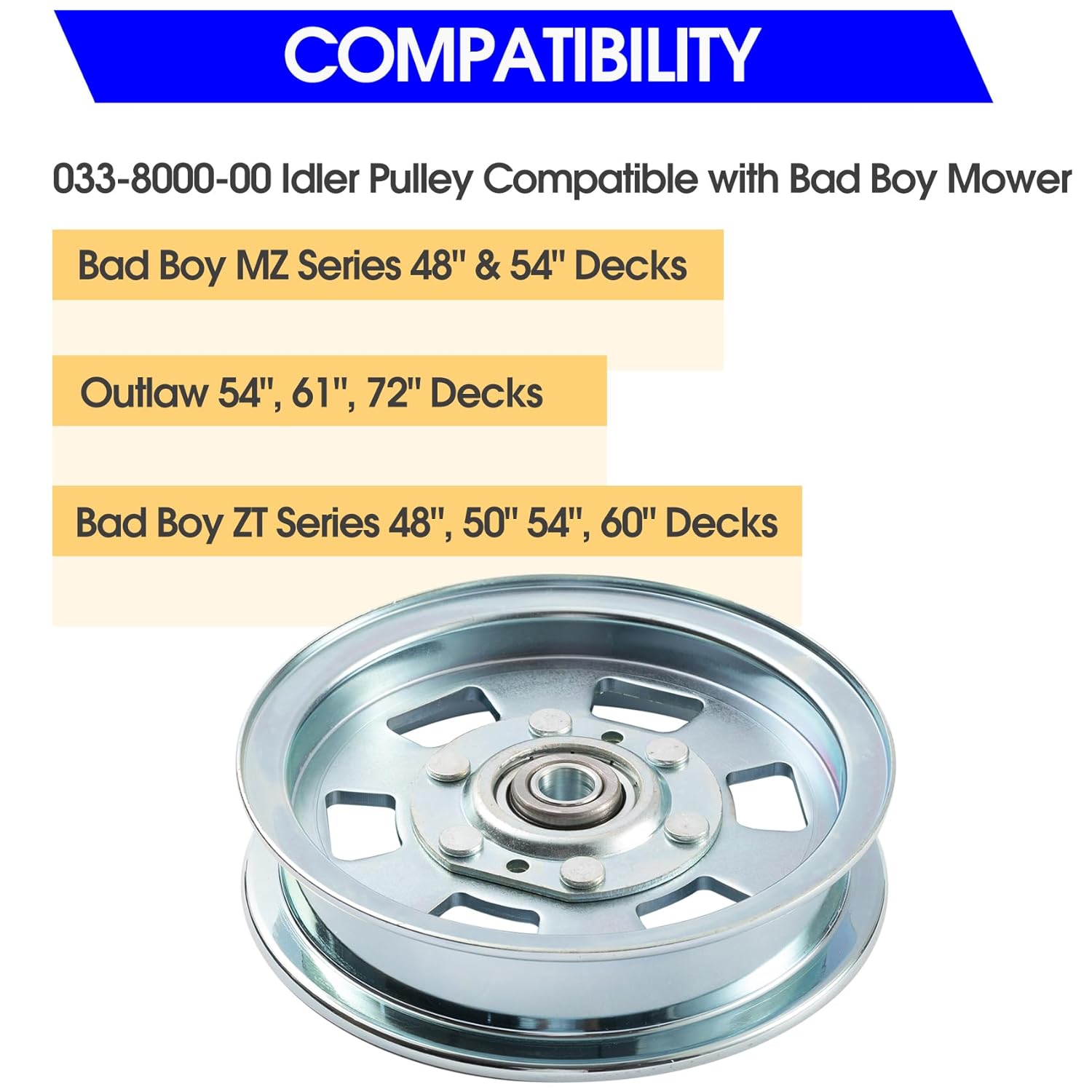 Polea tensora para cortacésped 033-2000-00, 033-7201-00, 033-7201-25, 033-8000-00 Compatible con Bad Boy MZ ZT Outlaw Series 48″ 50″ 54″ 60″ 61″,