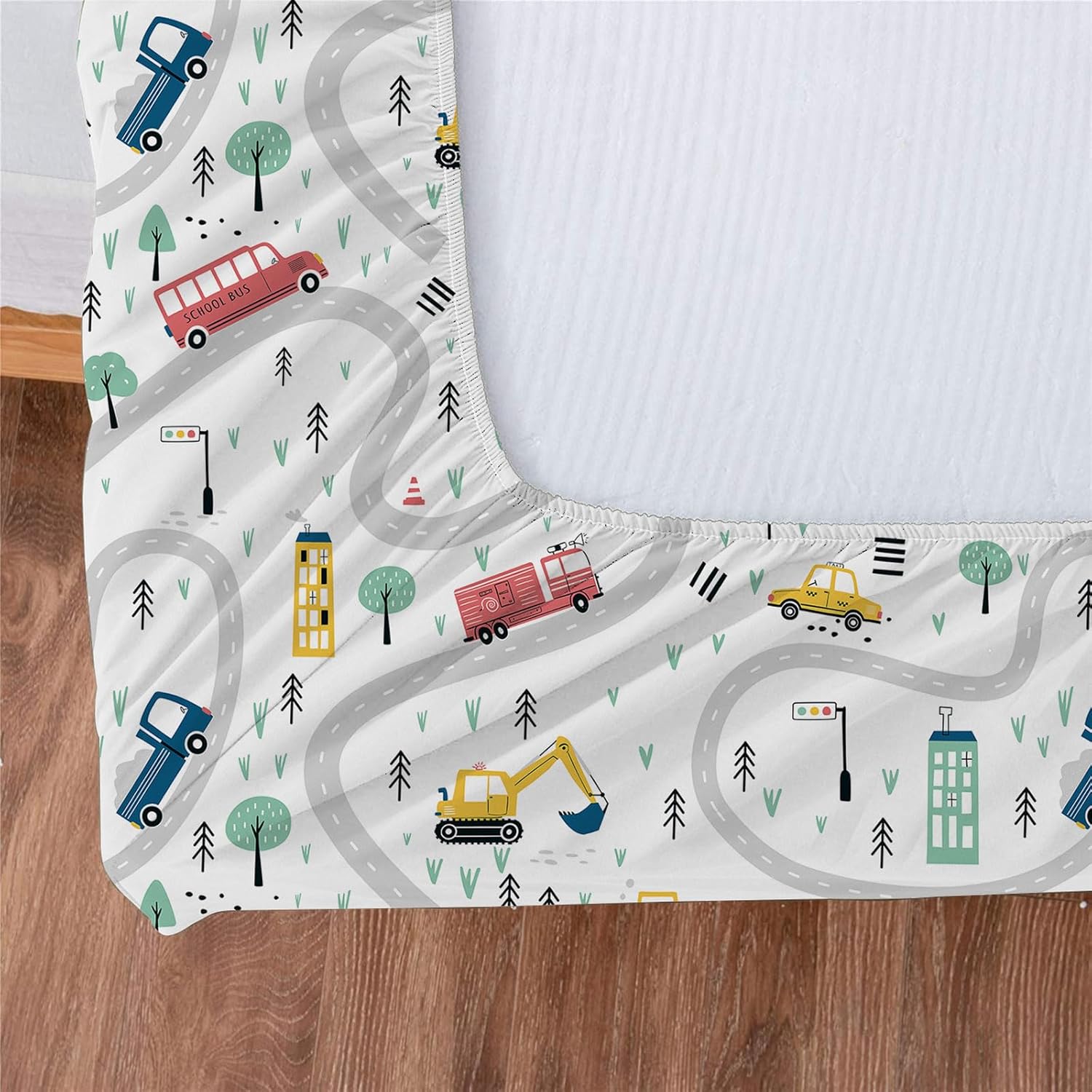 Twin Kids Fitted Sheets Road Traffic Themed Sheet and Pillowcases Set Cute Cartoon Truck Bed Boys Twin Sheet Set 2 Piece Bedding Decor Set