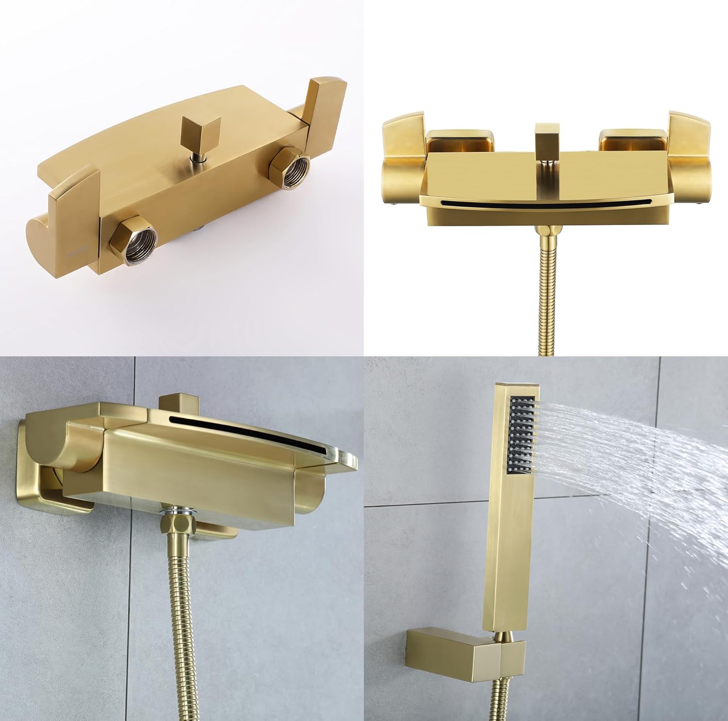 Grifo de bañera en cascada de montaje en pared con ducha de mano, relleno de bañera de oro cepillado de 2 asas, grifo de pared de latón con