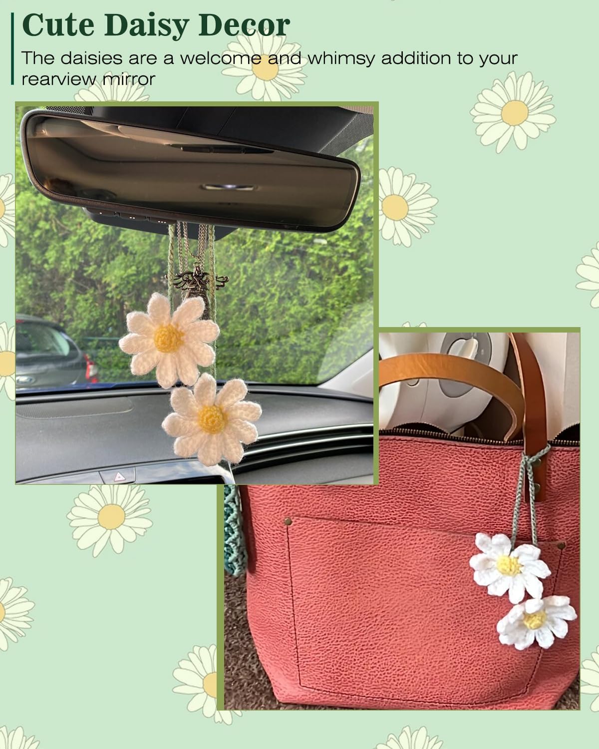 Accesorios de automóvil con margaritas de ganchillo para mujeres y niñas, bonitos dijes colgantes para espejo retrovisor, hechos a mano, margaritas,