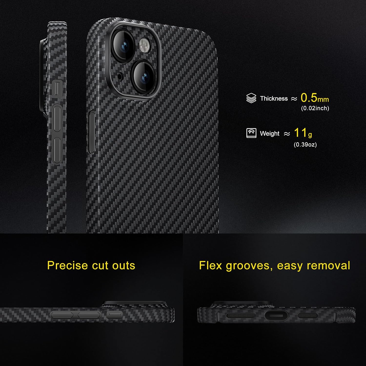 memumi Funda de fibra de carbono para iPhone 15 Plus, resistente y duradera de 0.020 in, ajuste delgado, para iPhone 15 Plus, fibra de aramida real,
