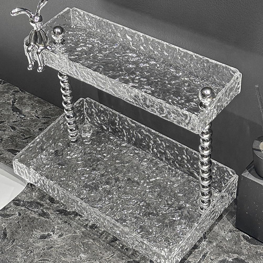 Soporte de escritorio de 2 niveles, organizador de encimera de baño, bandeja acrílica con textura de piedra translúcida para especias,