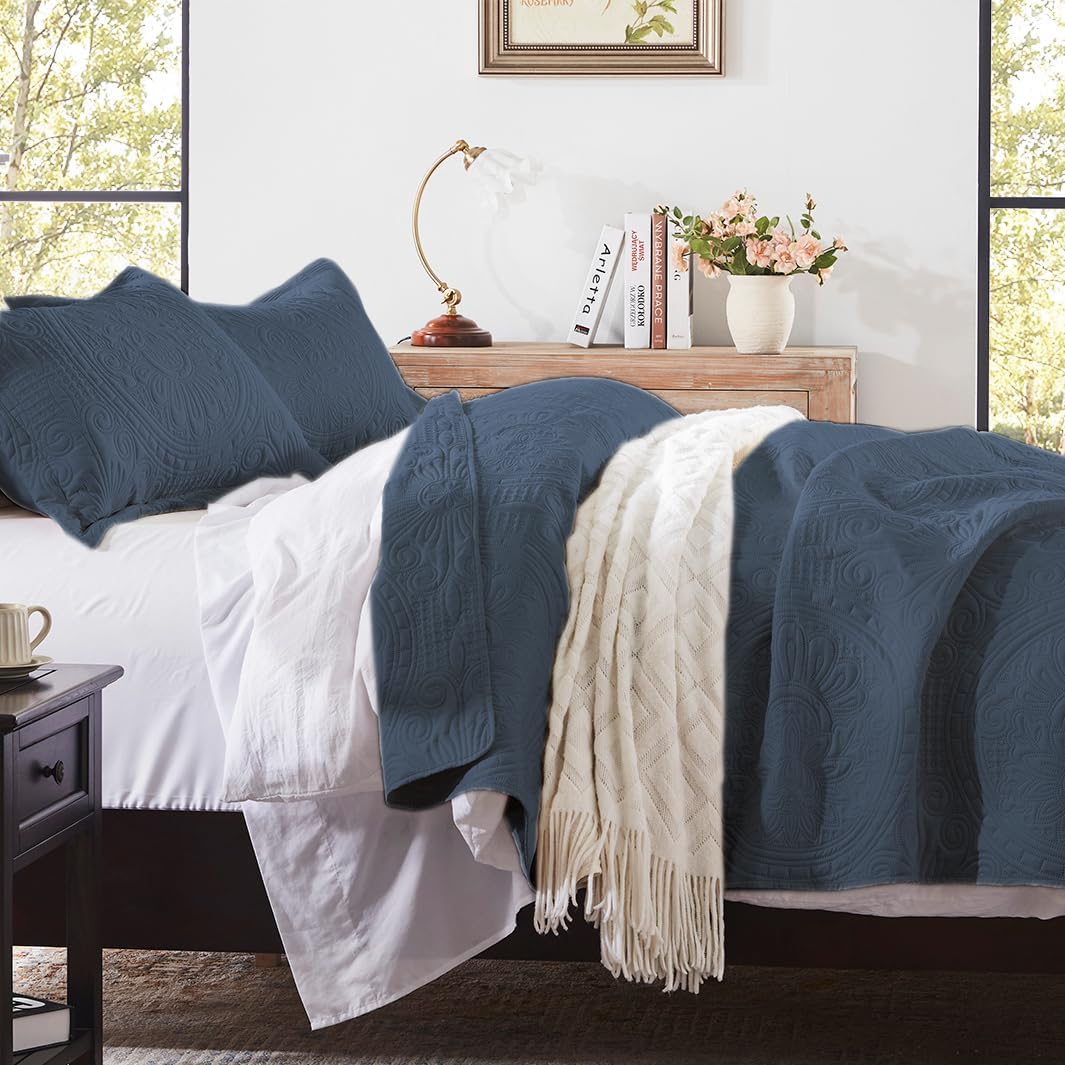 Anluoer Juego de ropa de cama de tamaño individual, color azul marino en relieve, colcha ligera de microfibra suave de verano, colcha para todas las