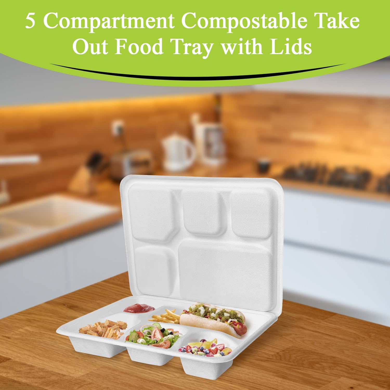 three leaf Juego de 5 bandejas de comida con tapa, 25 juegos. Platos de bagazo desechables resistentes y ecológicos con plomo, platos 100%