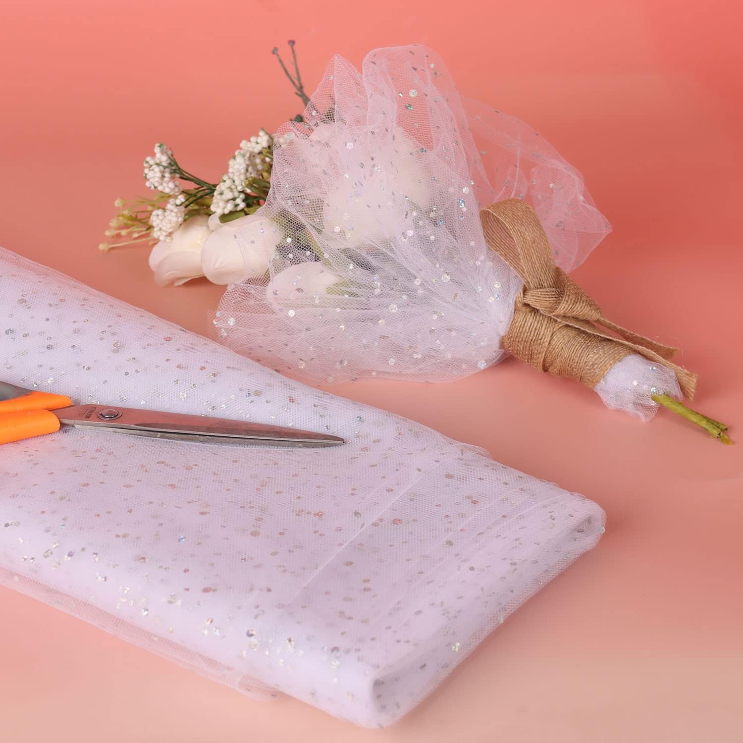 Rollos de tela de tul con purpurina blanca de 54 pulgadas x 10 yardas, pernos, lentejuelas, cinta de tul, tela de red para faldas tutú, vestido,