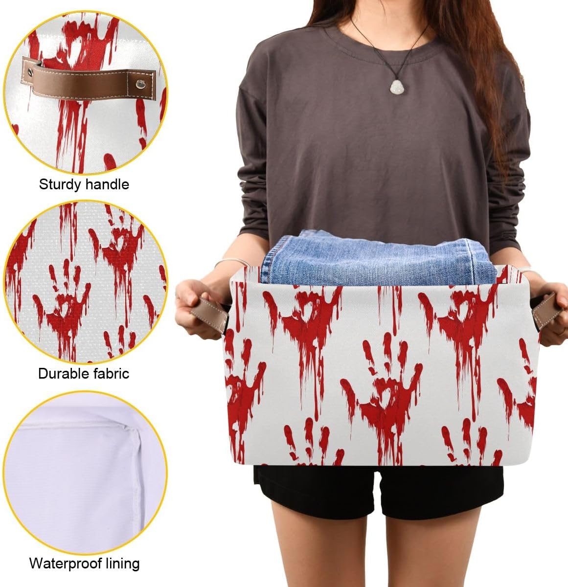 Bloody Scary Hands – Cesta de almacenamiento grande, bolsa organizadora plegable de tela con asas, 15 x 11 x 9.5 pulgadas